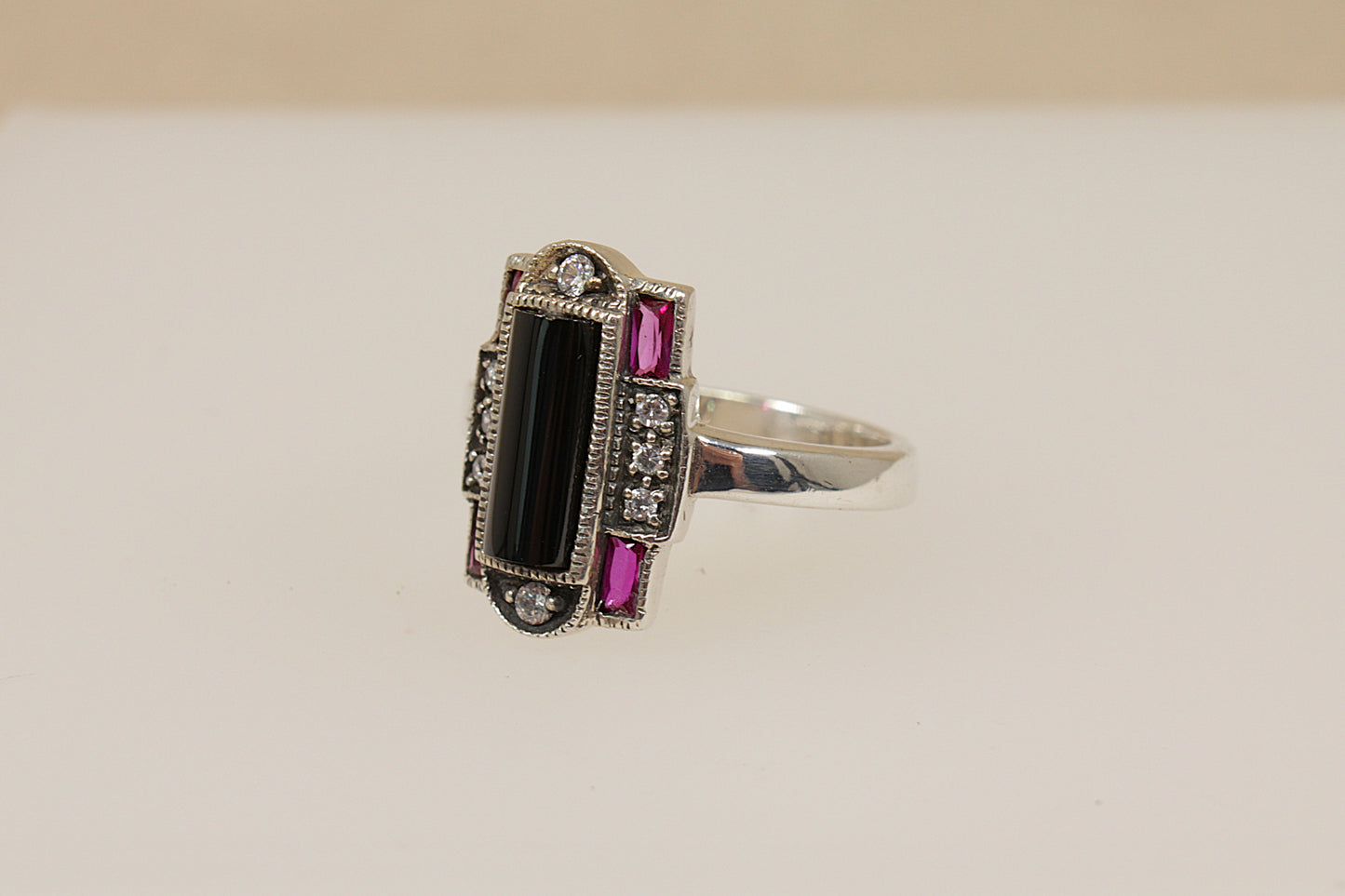 Silver Art Deco Style Onyx, Marcasite and Red Stone Ring