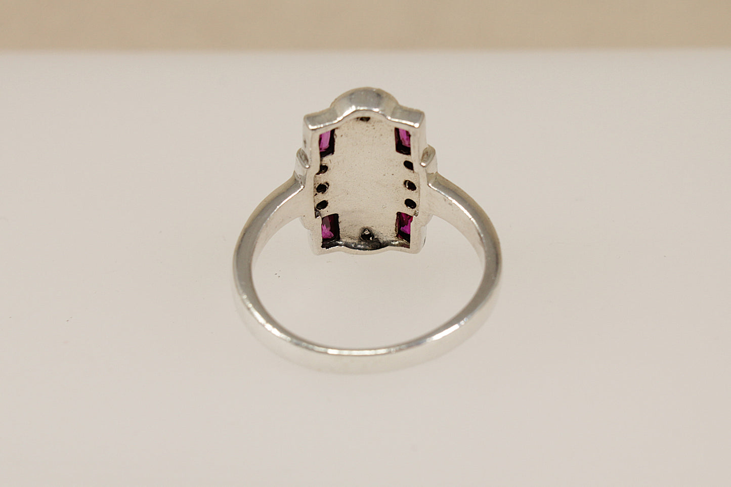 Silver Art Deco Style Onyx, Marcasite and Red Stone Ring