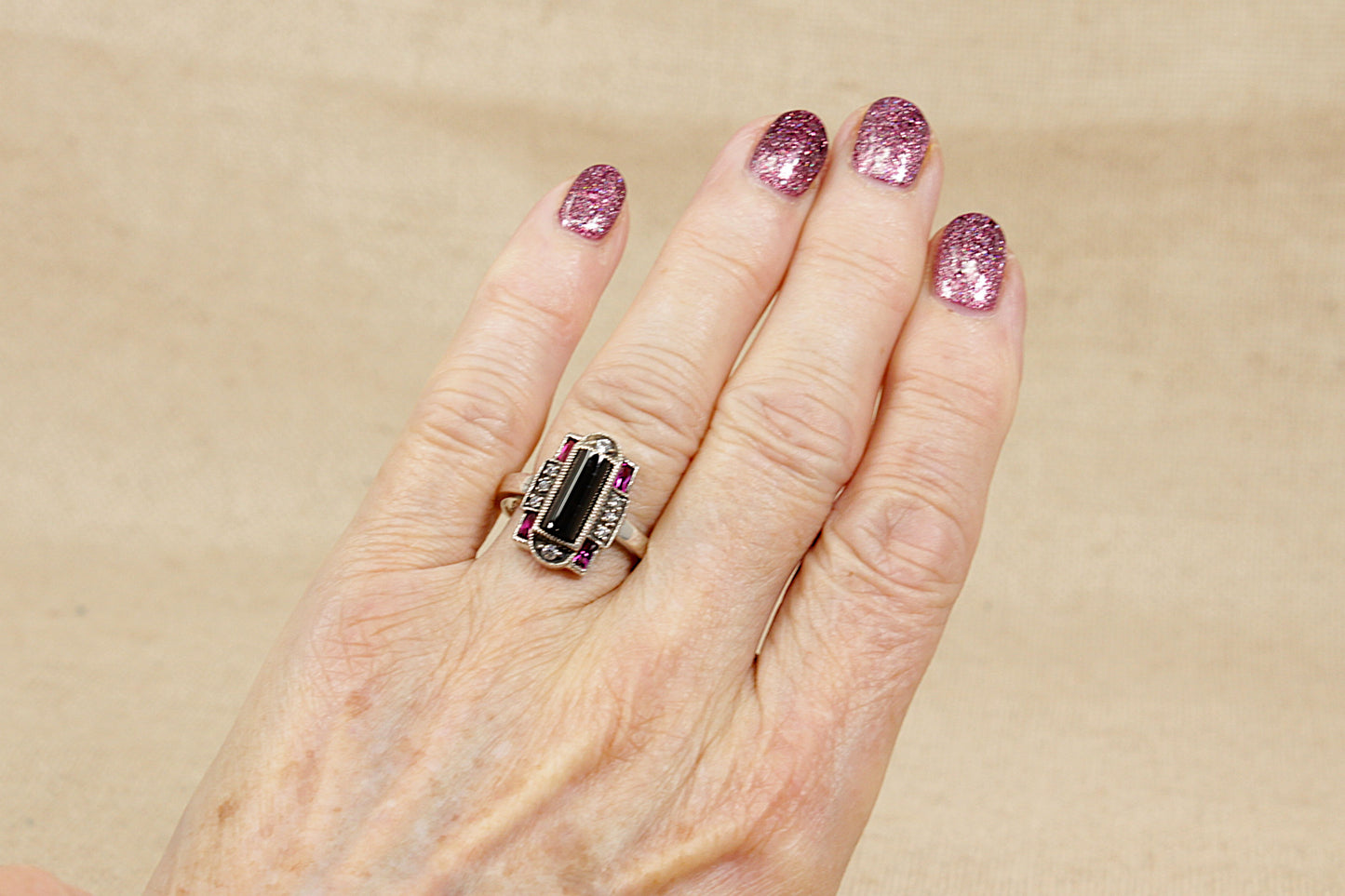 Silver Art Deco Style Onyx, Marcasite and Red Stone Ring