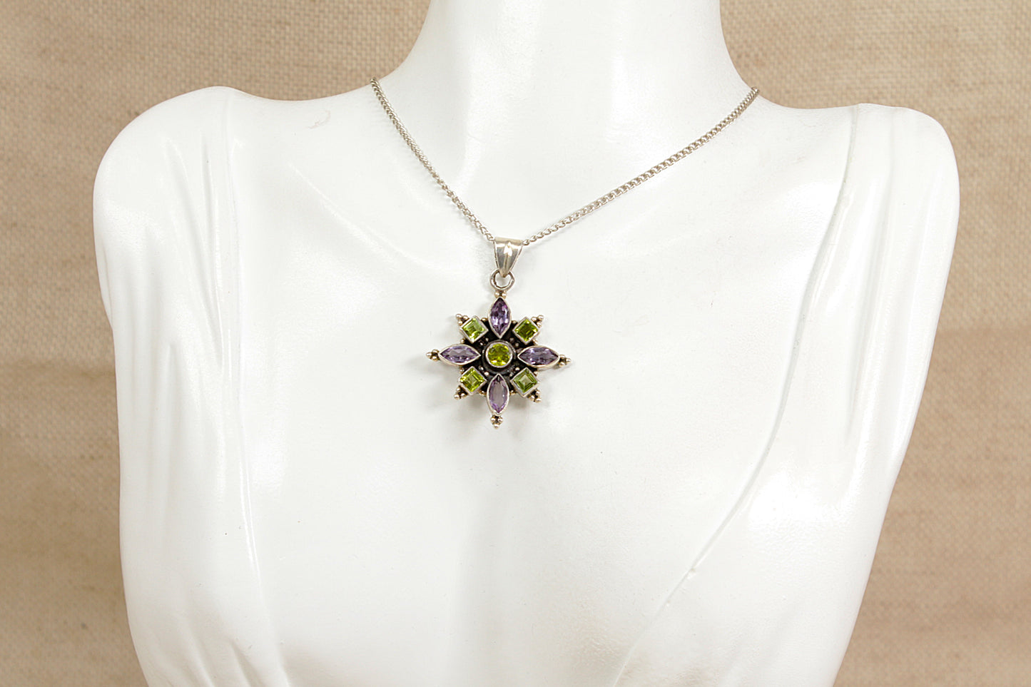 Silver Amethyst and Peridot Pendant and Chain Necklace