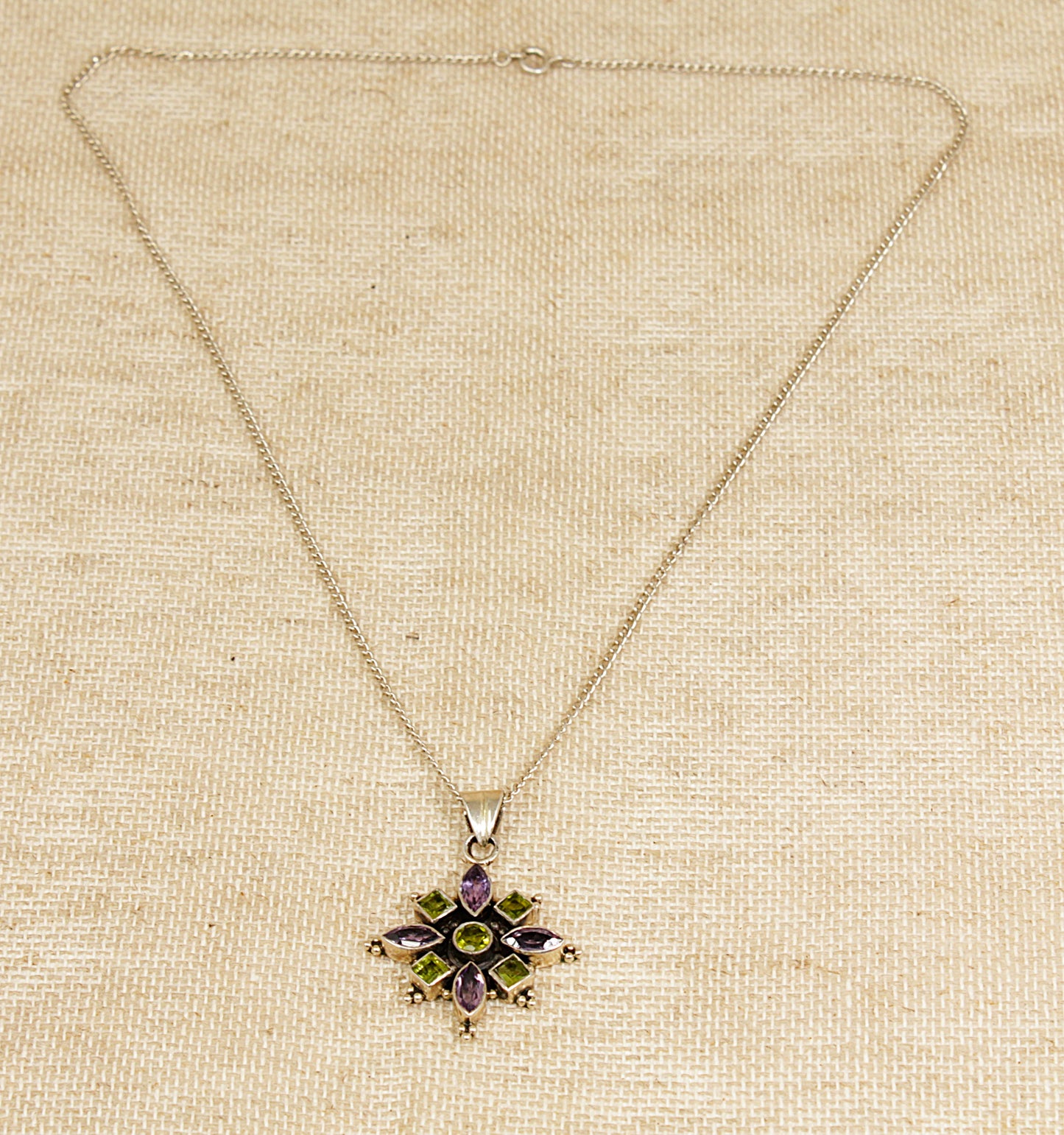 Silver Amethyst and Peridot Pendant and Chain Necklace