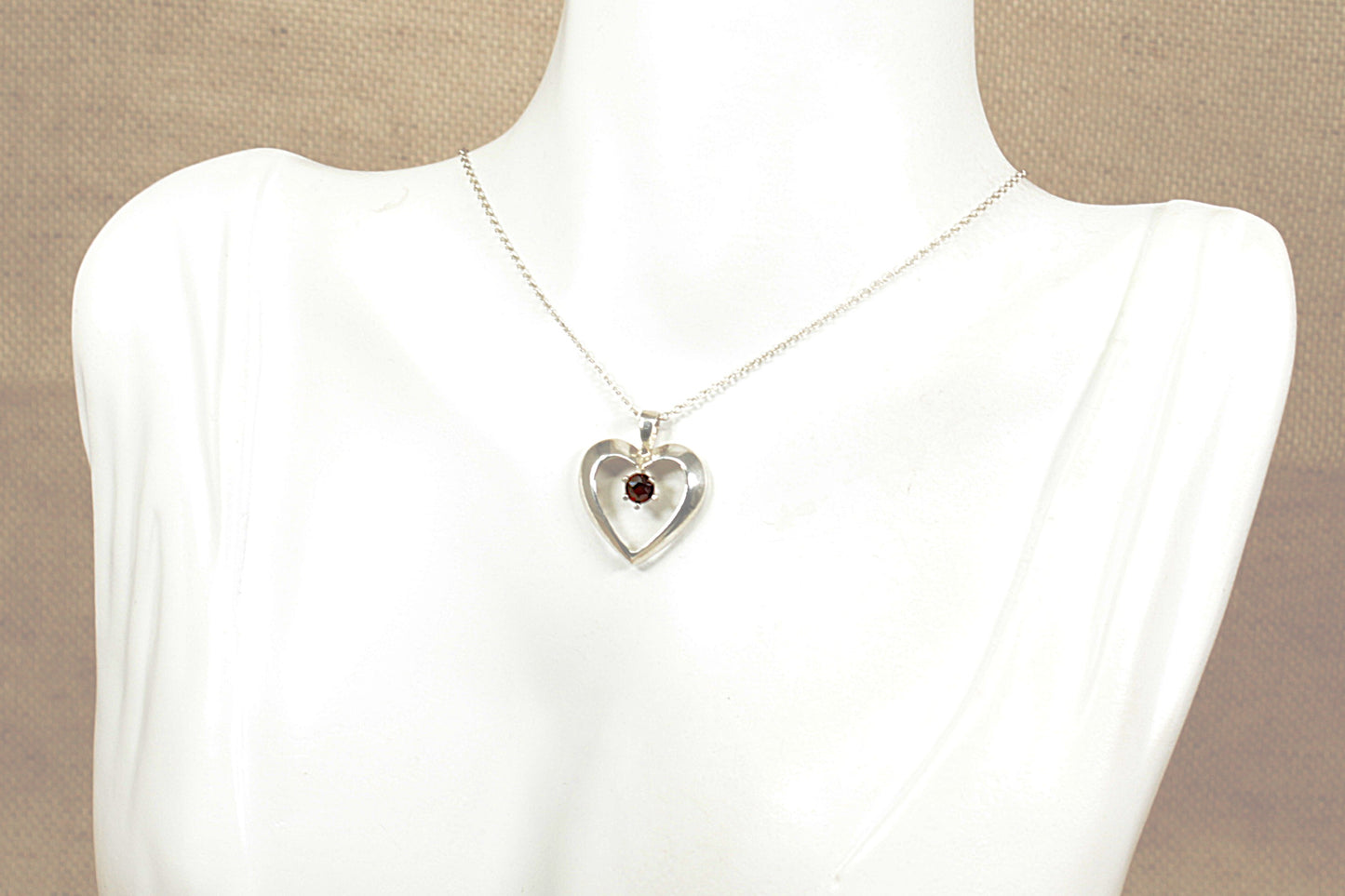 Silver Garnet Heart Pendant and Chain Necklace