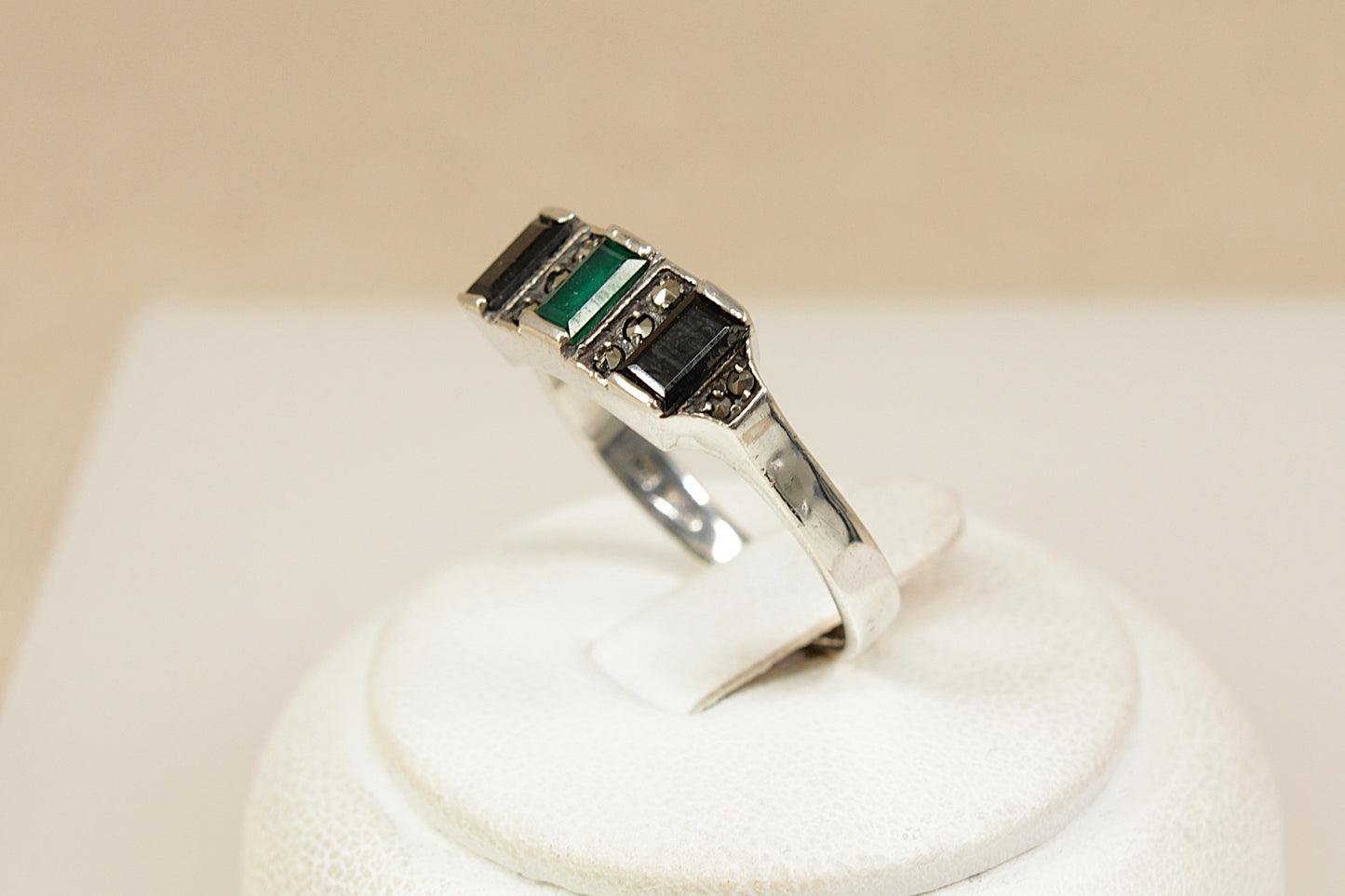 Silver Onyx and Chalcedony Art Deco Style Ring