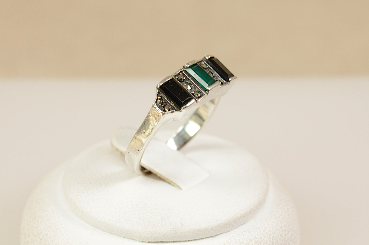 Silver Onyx and Chalcedony Art Deco Style Ring
