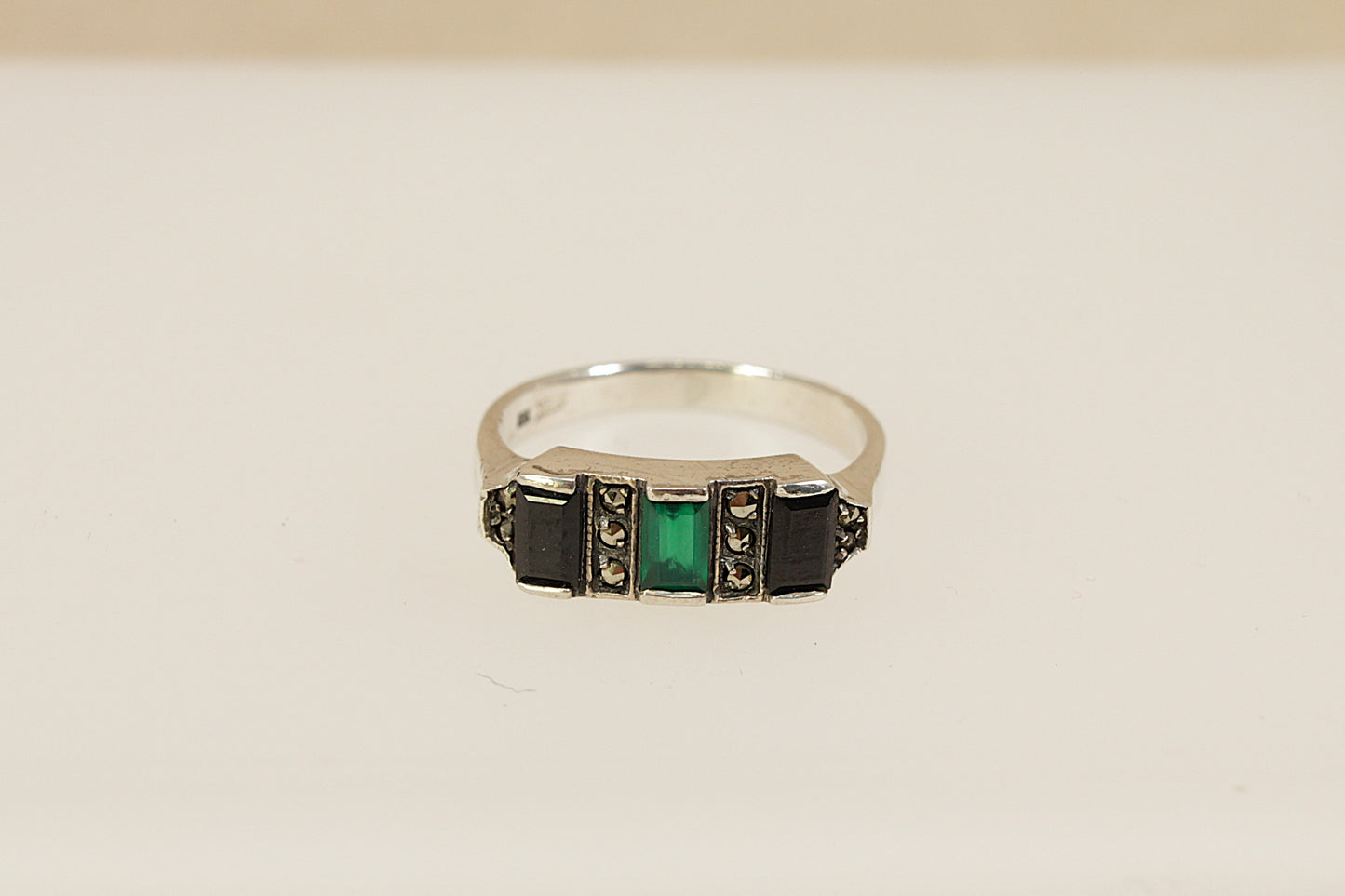 Silver Onyx and Chalcedony Art Deco Style Ring