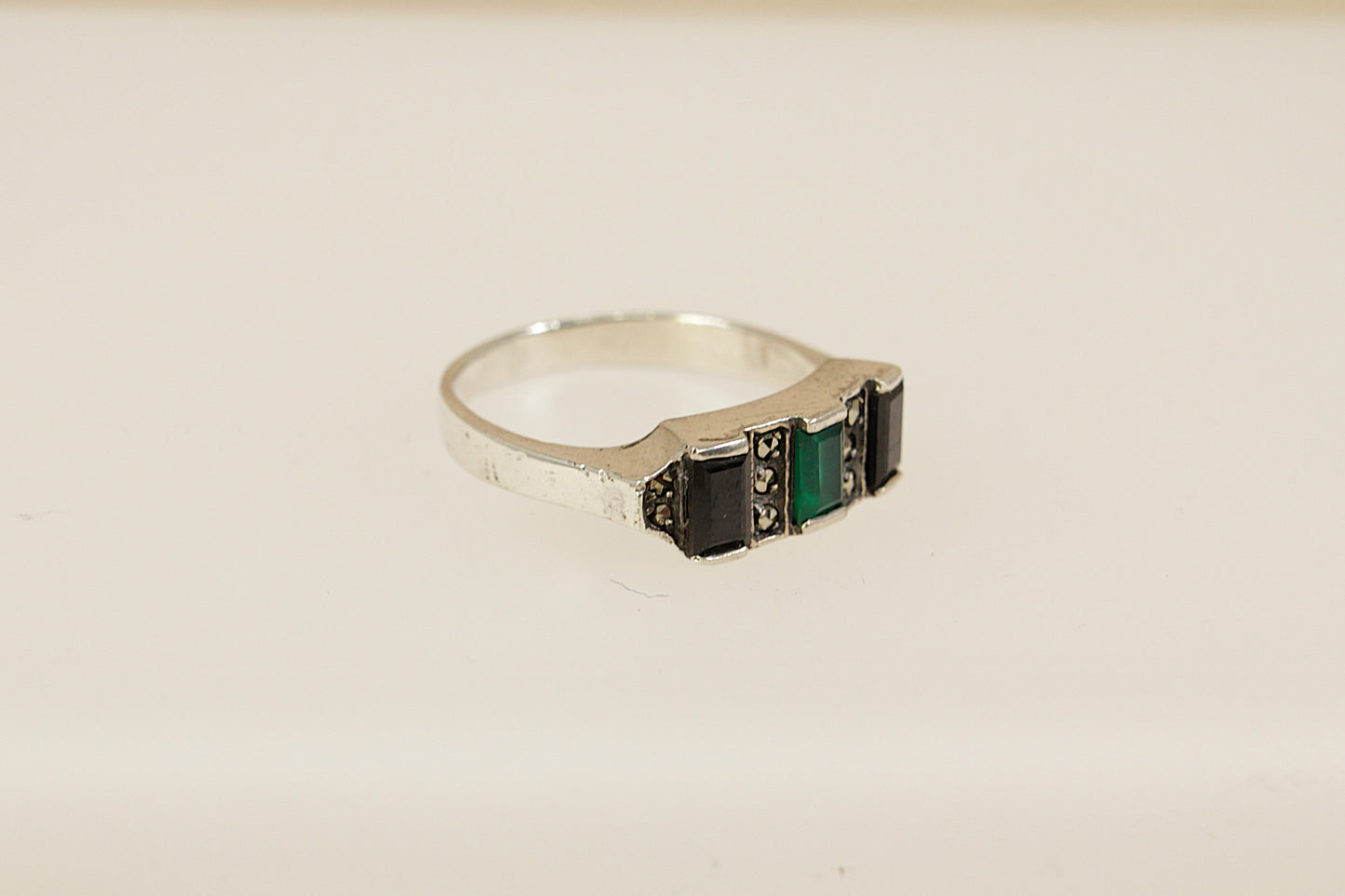Silver Onyx and Chalcedony Art Deco Style Ring