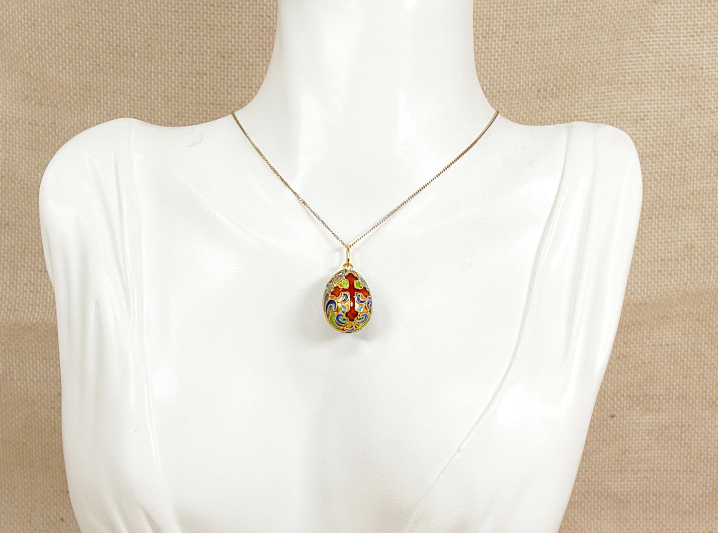 Silver Gilt Cloisonne Russian Egg Pendant and Chain Necklace