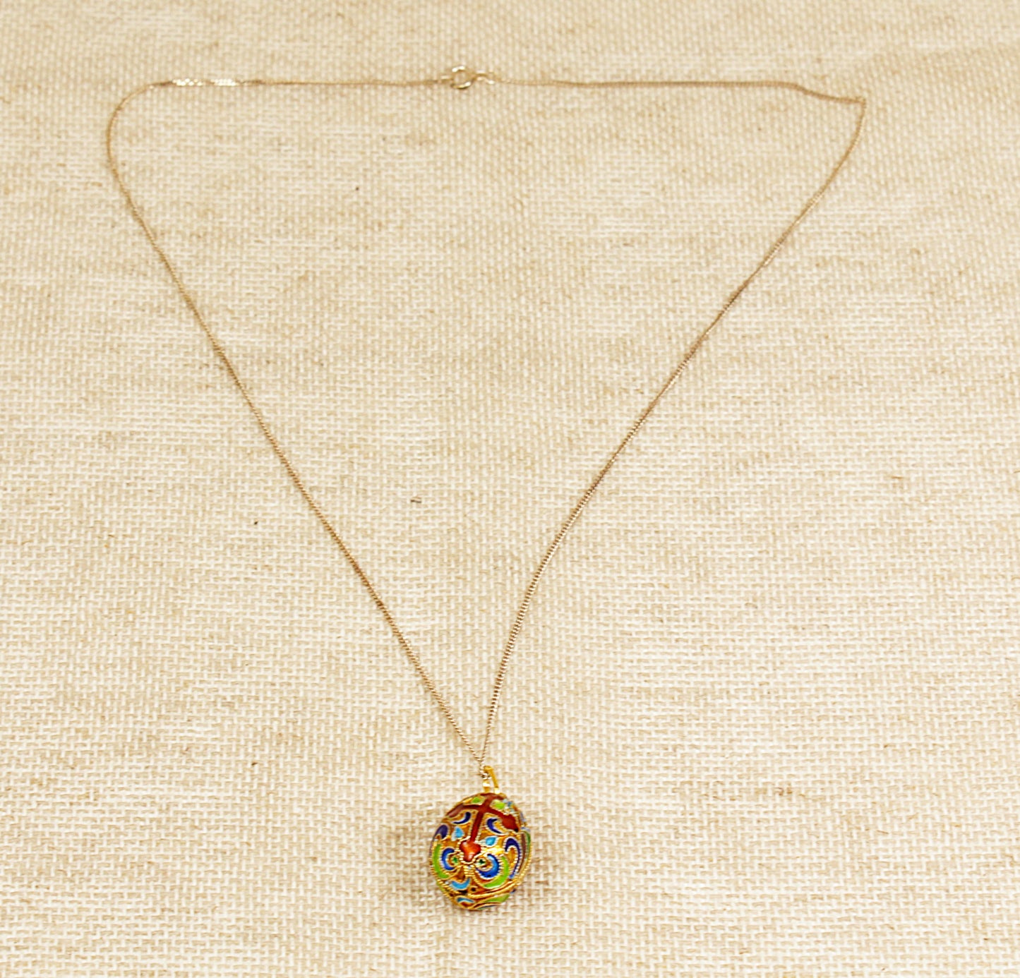 Silver Gilt Cloisonne Russian Egg Pendant and Chain Necklace