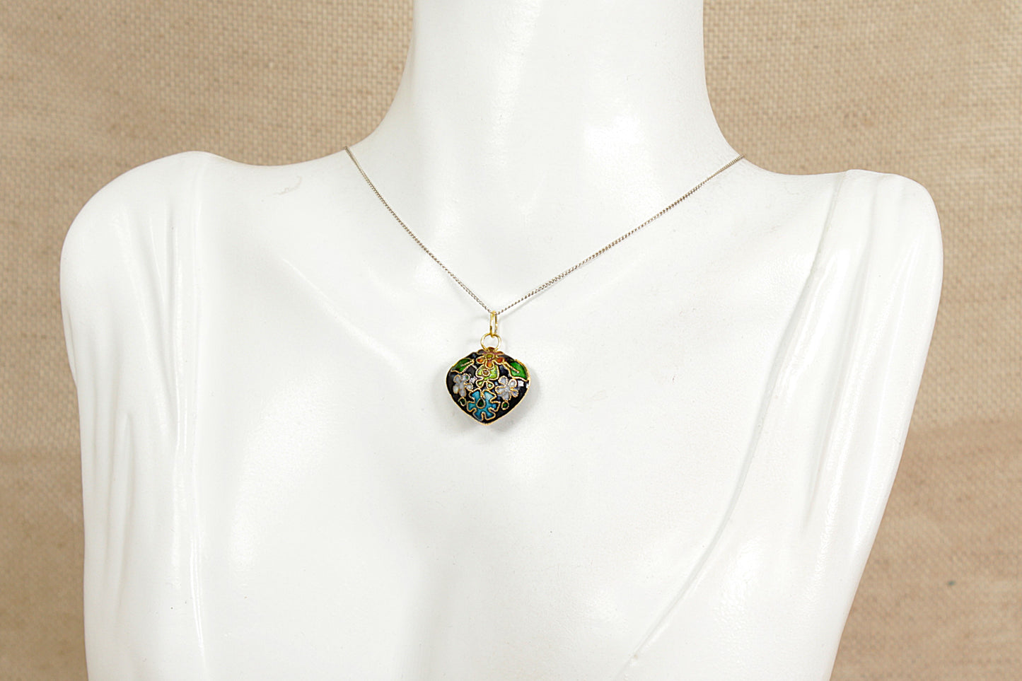 Silver Gilt Cloisonne Heart Pendant and Chain Necklace
