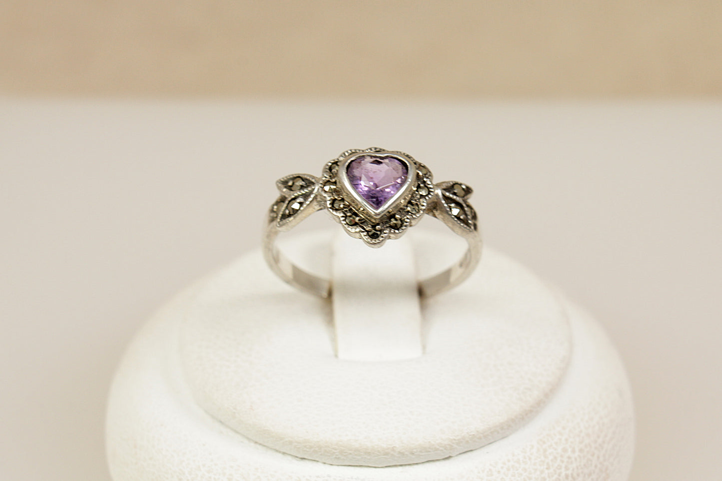 Silver Amethyst and Marcasite Heart Ring