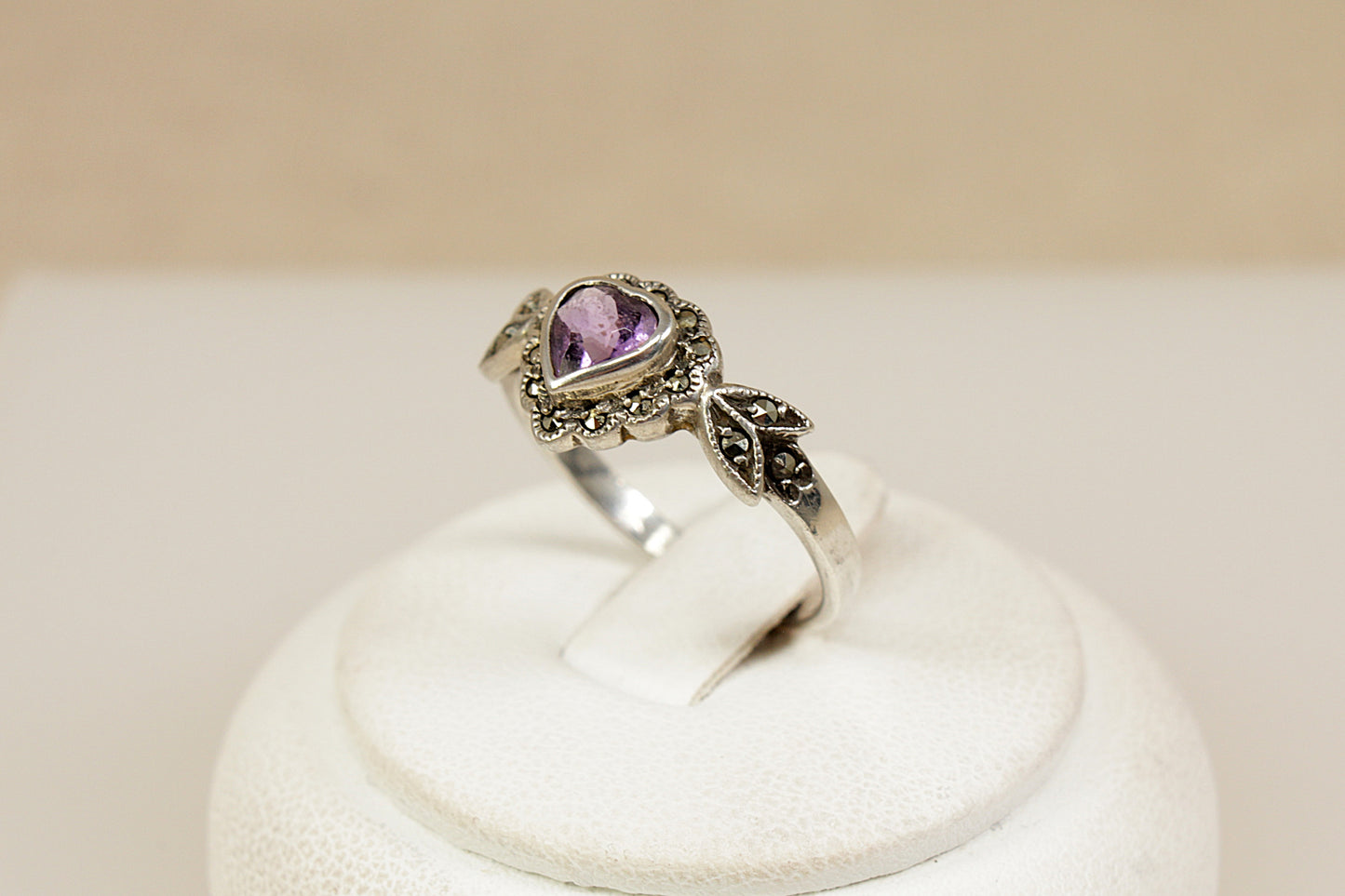 Silver Amethyst and Marcasite Heart Ring