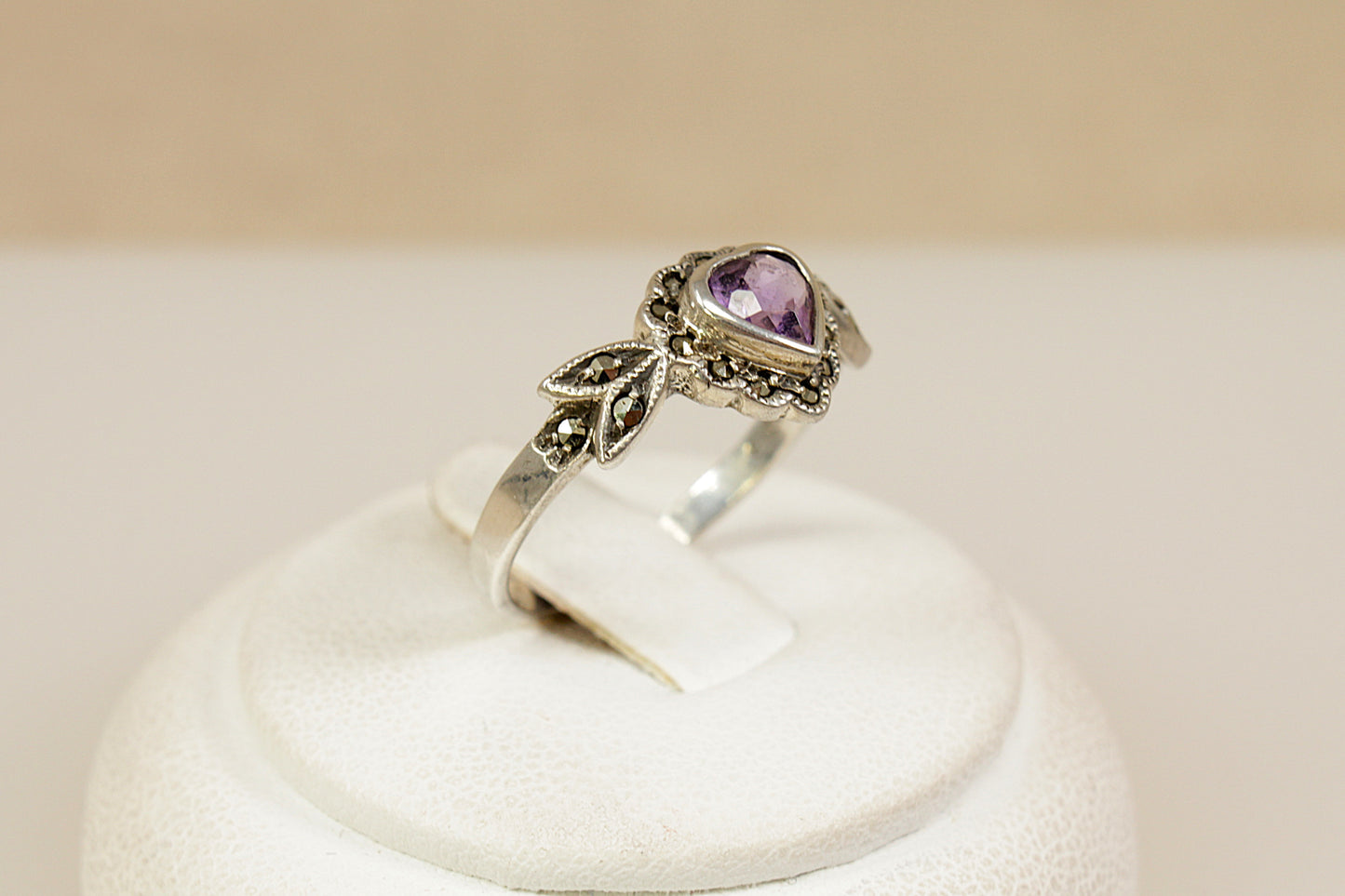 Silver Amethyst and Marcasite Heart Ring
