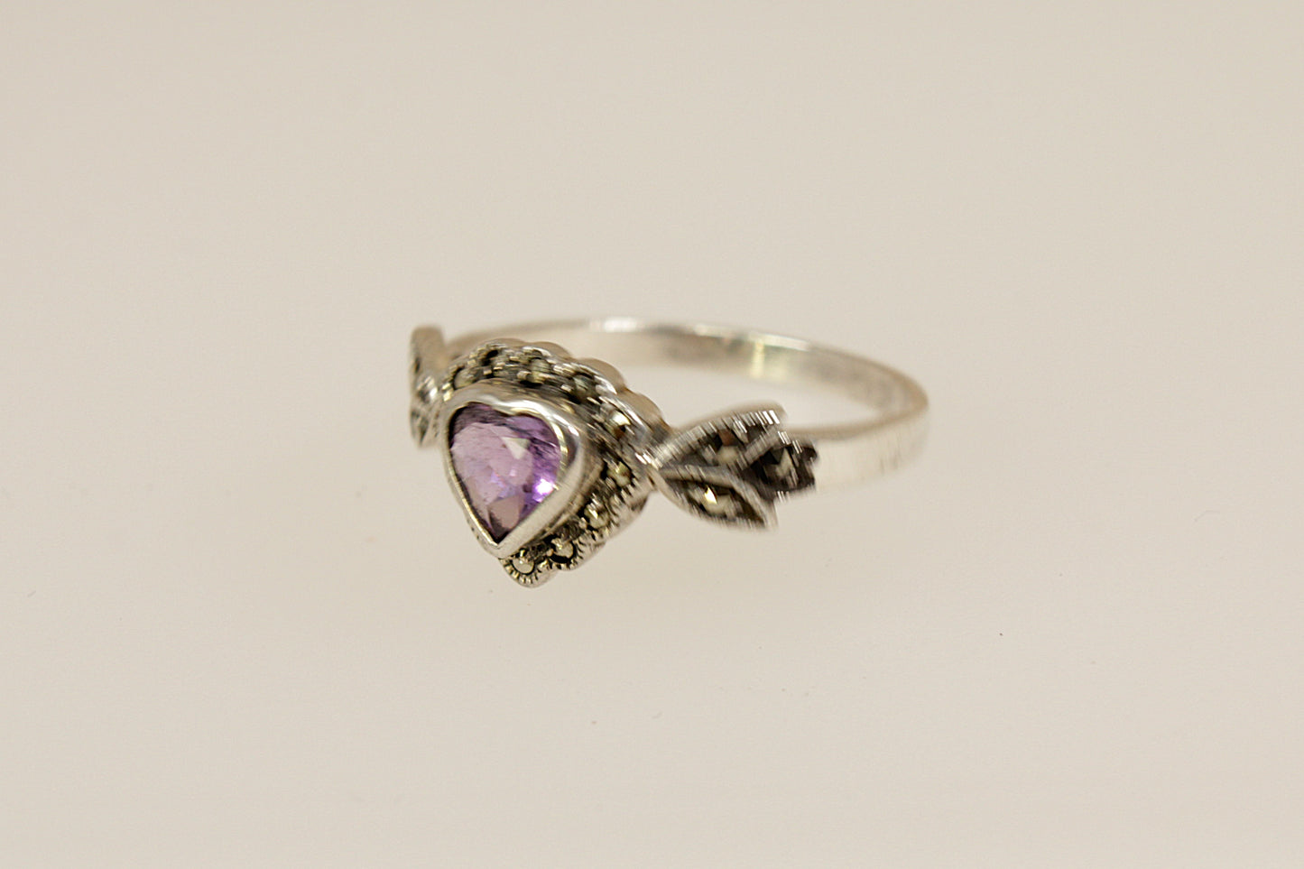 Silver Amethyst and Marcasite Heart Ring