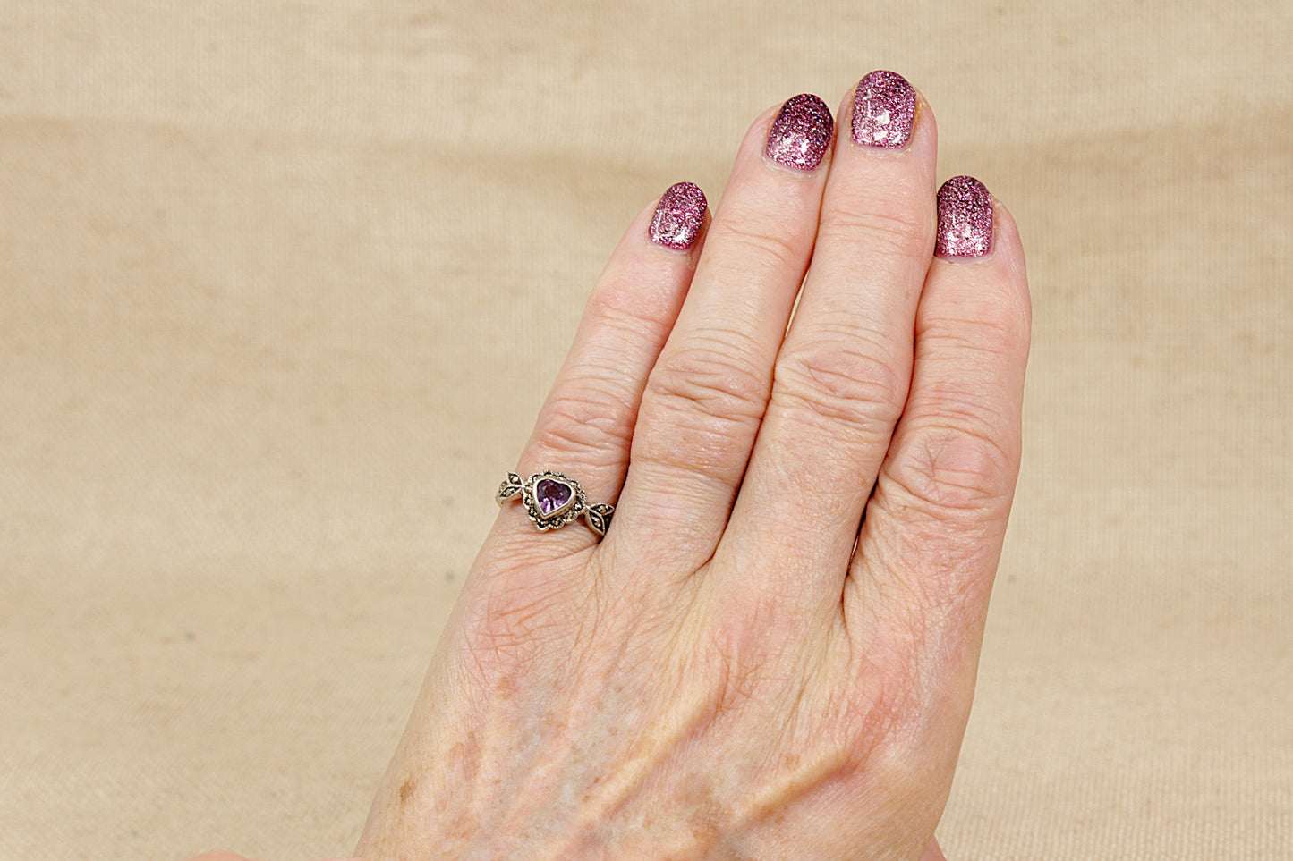 Silver Amethyst and Marcasite Heart Ring