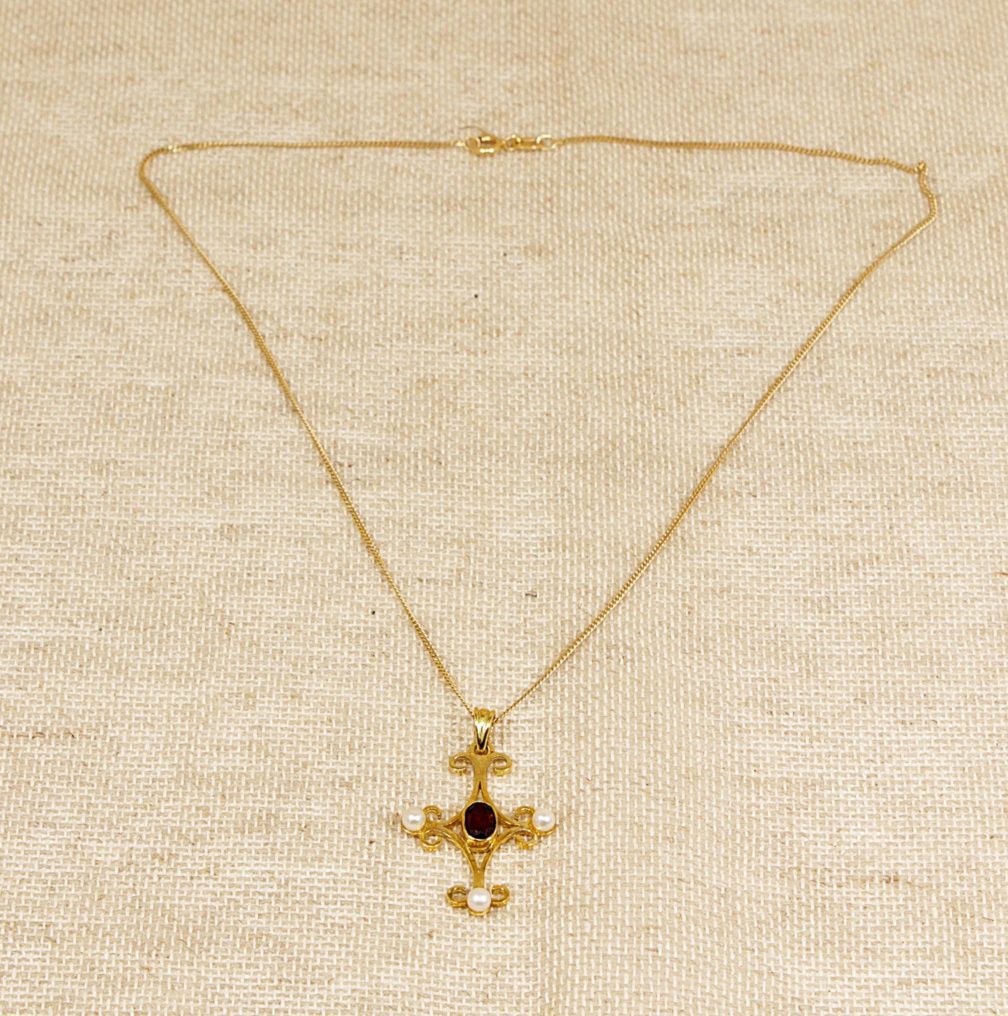 Silver Victorian Style Garnet and Faux Pearl Pendant and Chain Necklace