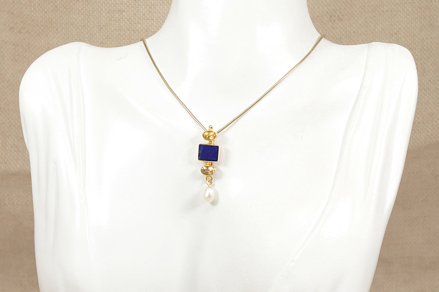 Silver Lapis Lazuli, Citrine, Fresh Water Pearl Pendant & Chain Necklace