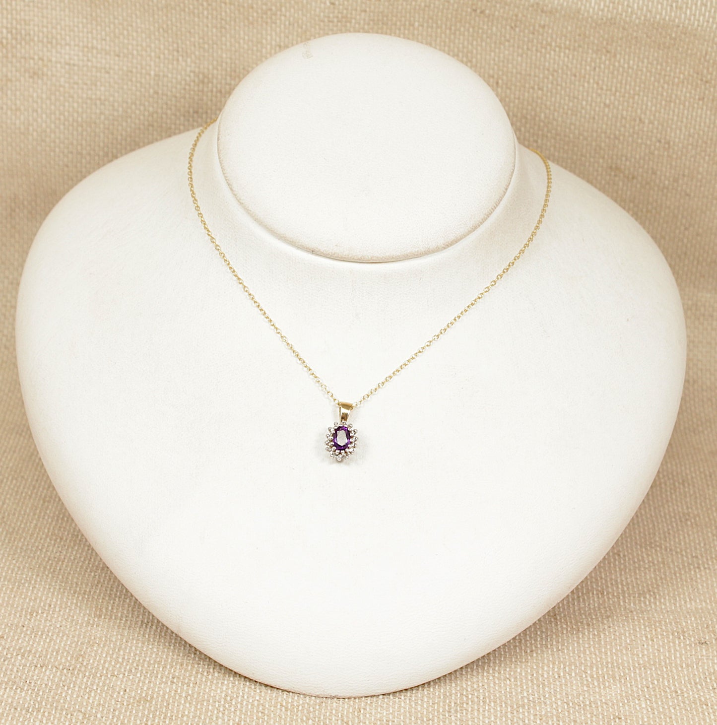 9ct Gold Amethyst & Diamond Pendant & Chain Necklace