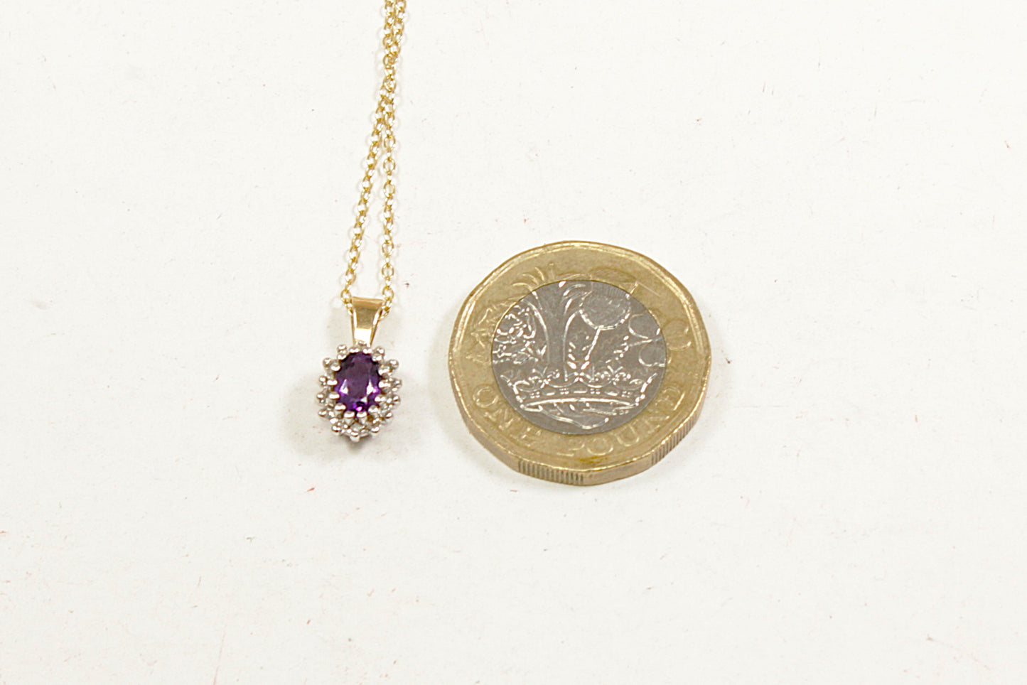 9ct Gold Amethyst & Diamond Pendant & Chain Necklace