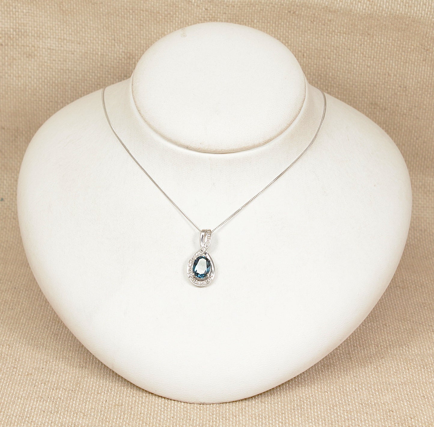 9ct White Gold Blue Topaz & Diamond Pendant & Chain Necklace