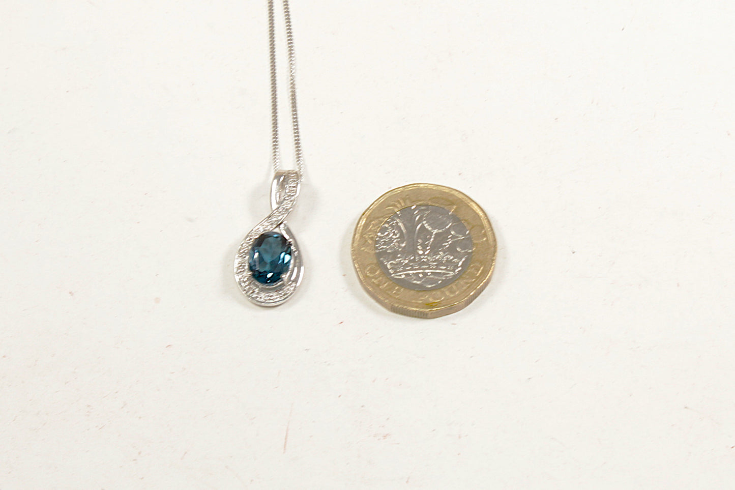 9ct White Gold Blue Topaz & Diamond Pendant & Chain Necklace