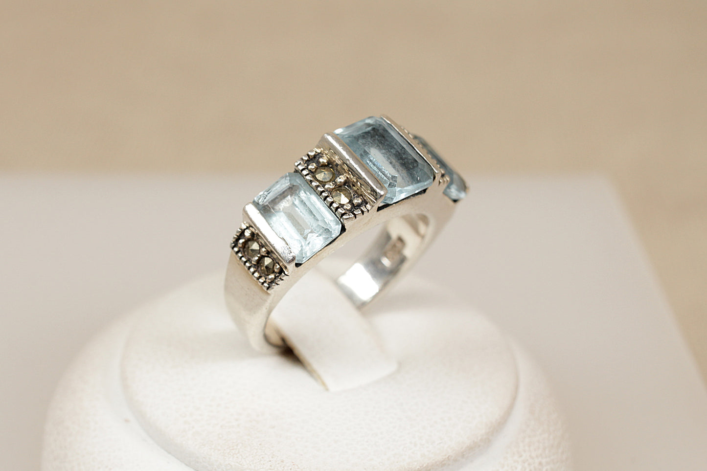 Silver Topaz and Marcasite Trilogy Ring