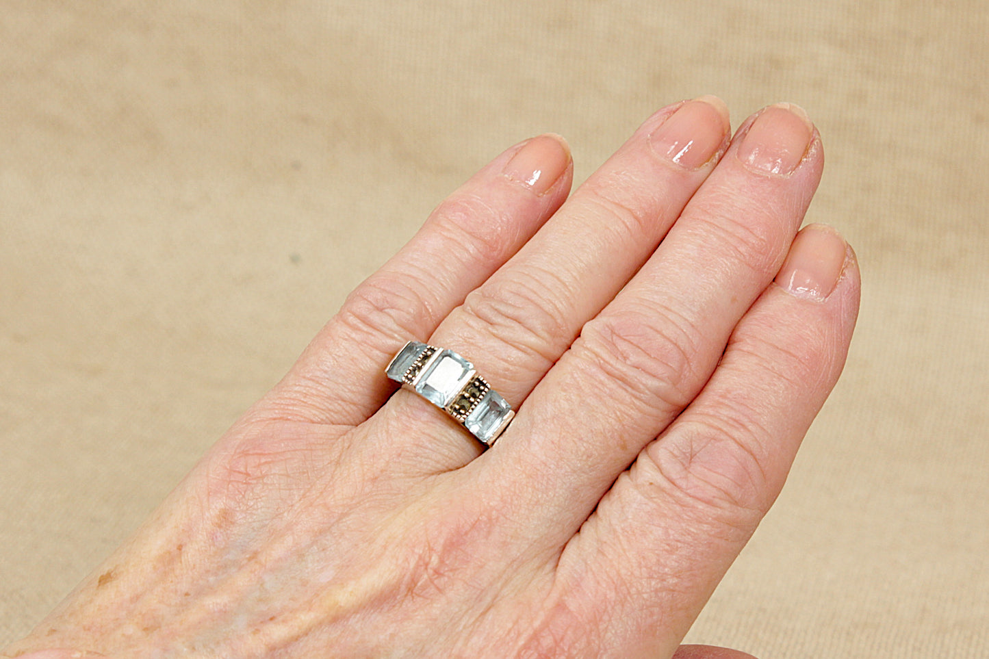 Silver Topaz and Marcasite Trilogy Ring