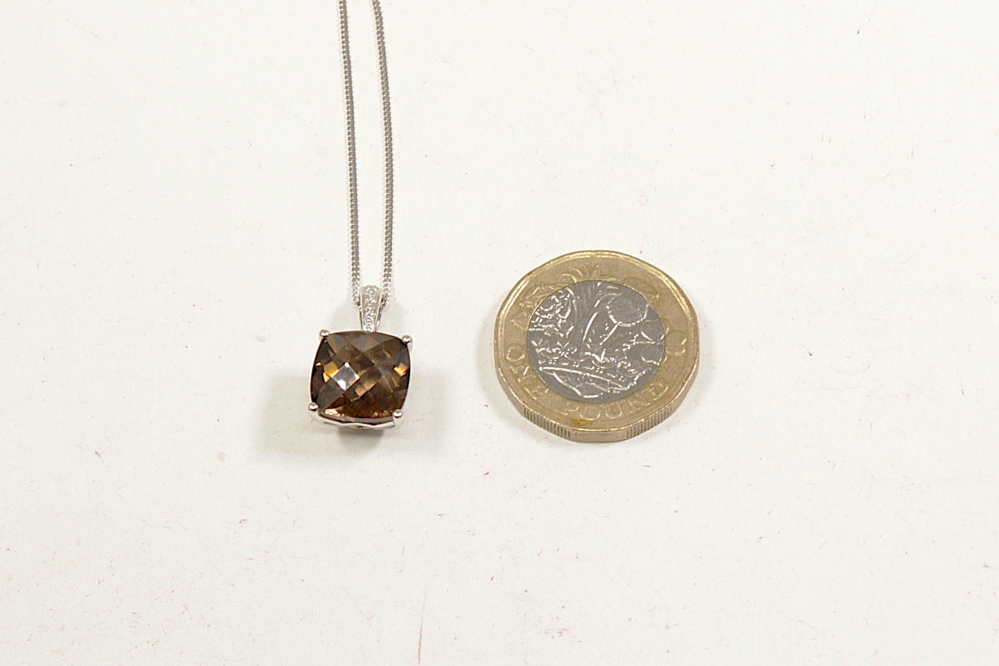 9ct White Gold Smoky Quartz and Diamond Pendant and Chain Necklace