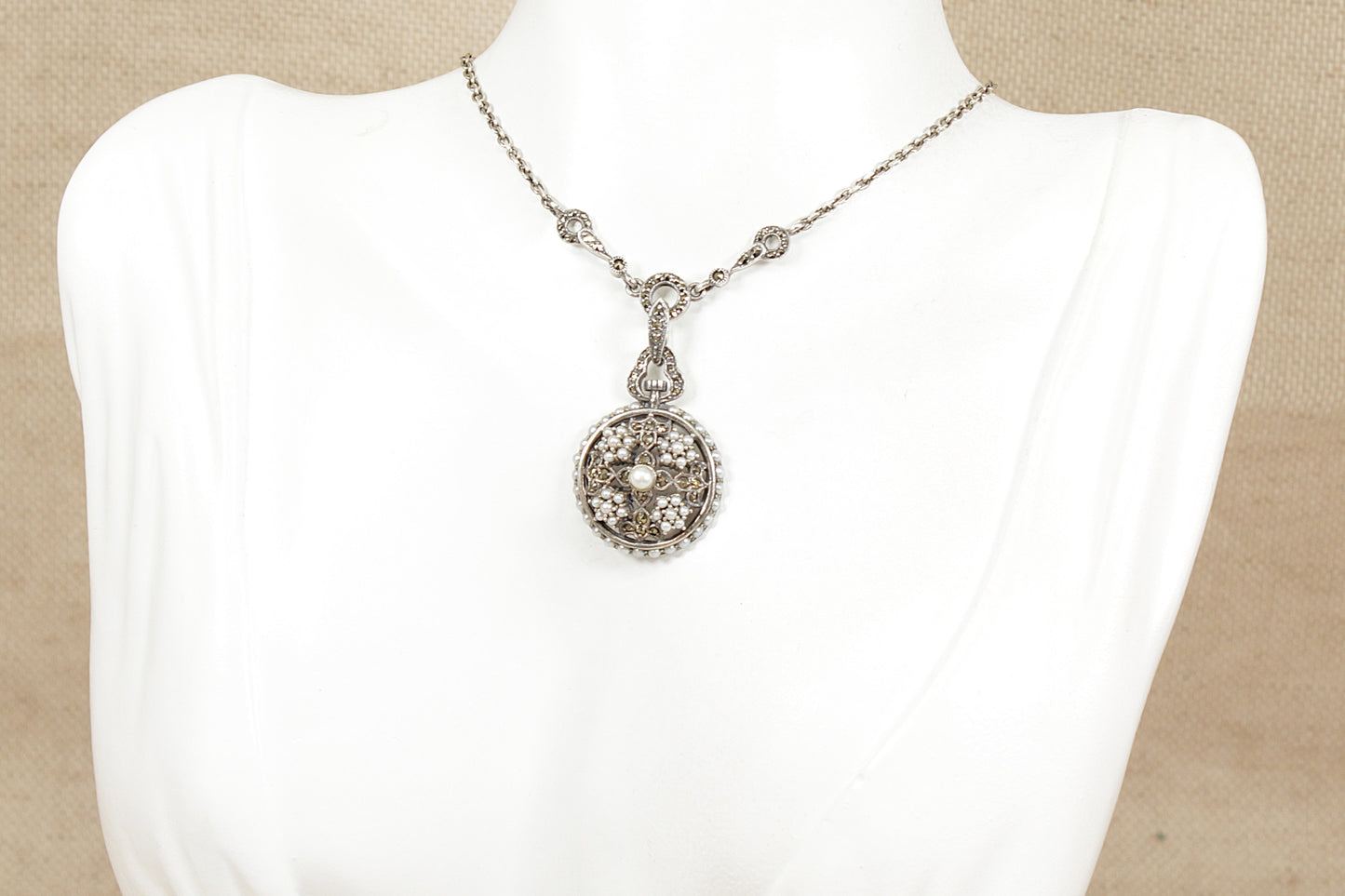Vintage Silver, Marcasite, Pearl and Seed Pearl Pendant Necklace