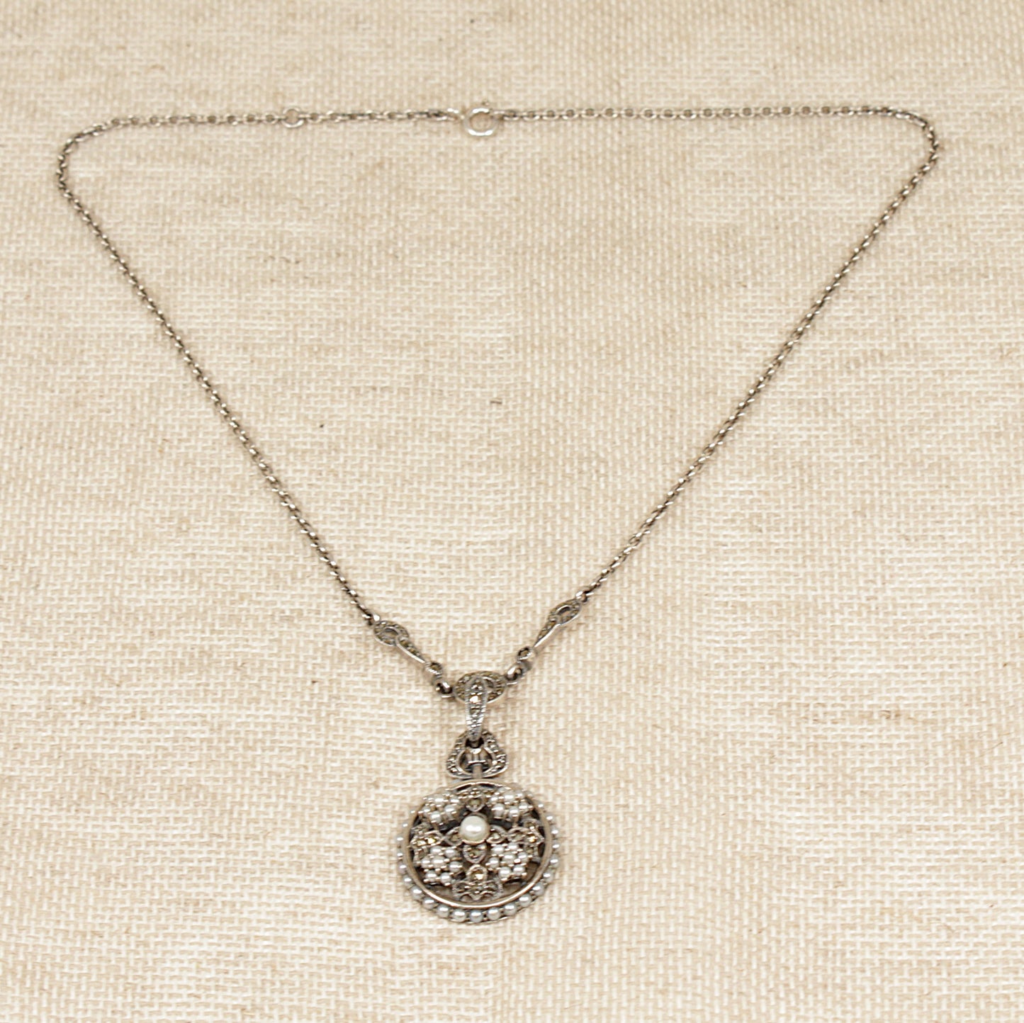 Vintage Silver, Marcasite, Pearl and Seed Pearl Pendant Necklace