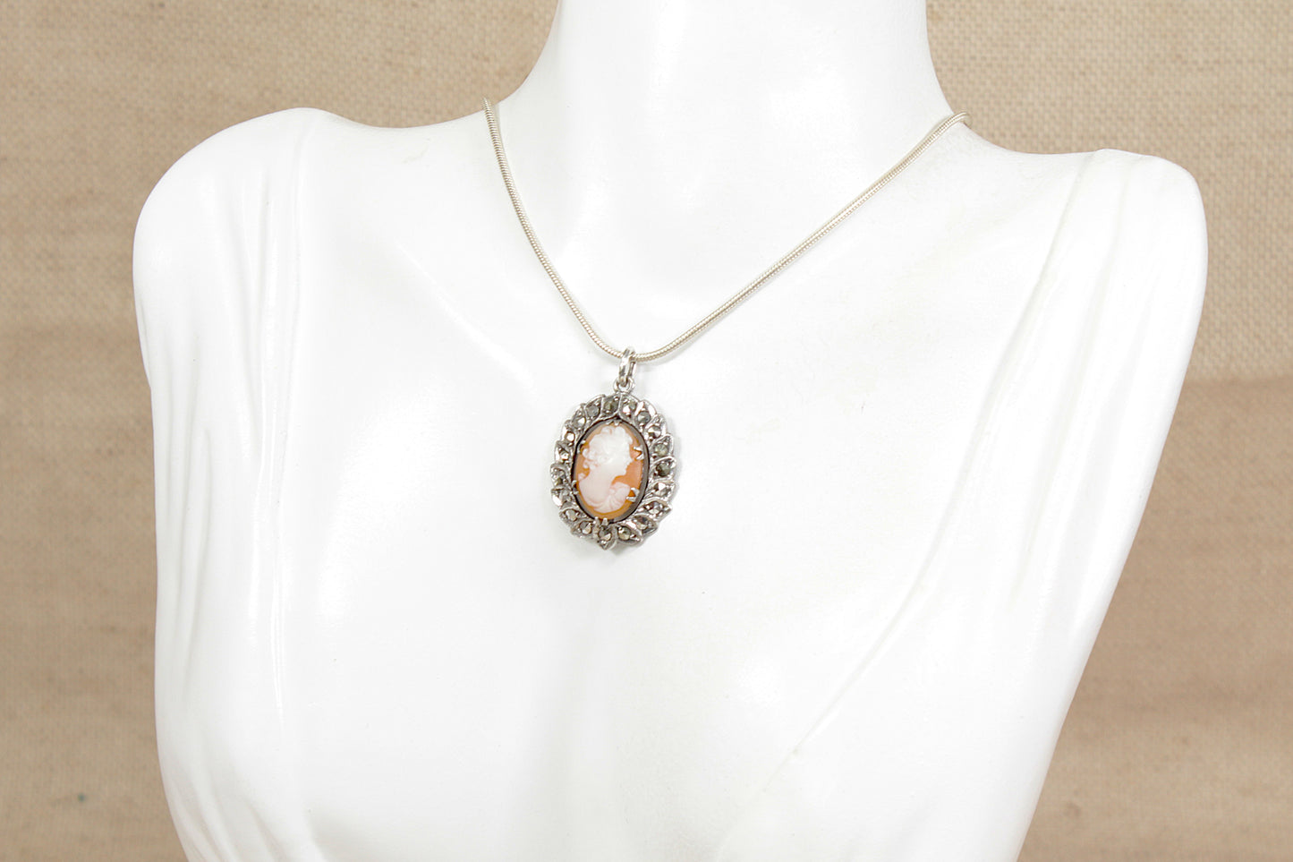Art Deco Silver Cameo & Marcasite Pendant Necklace