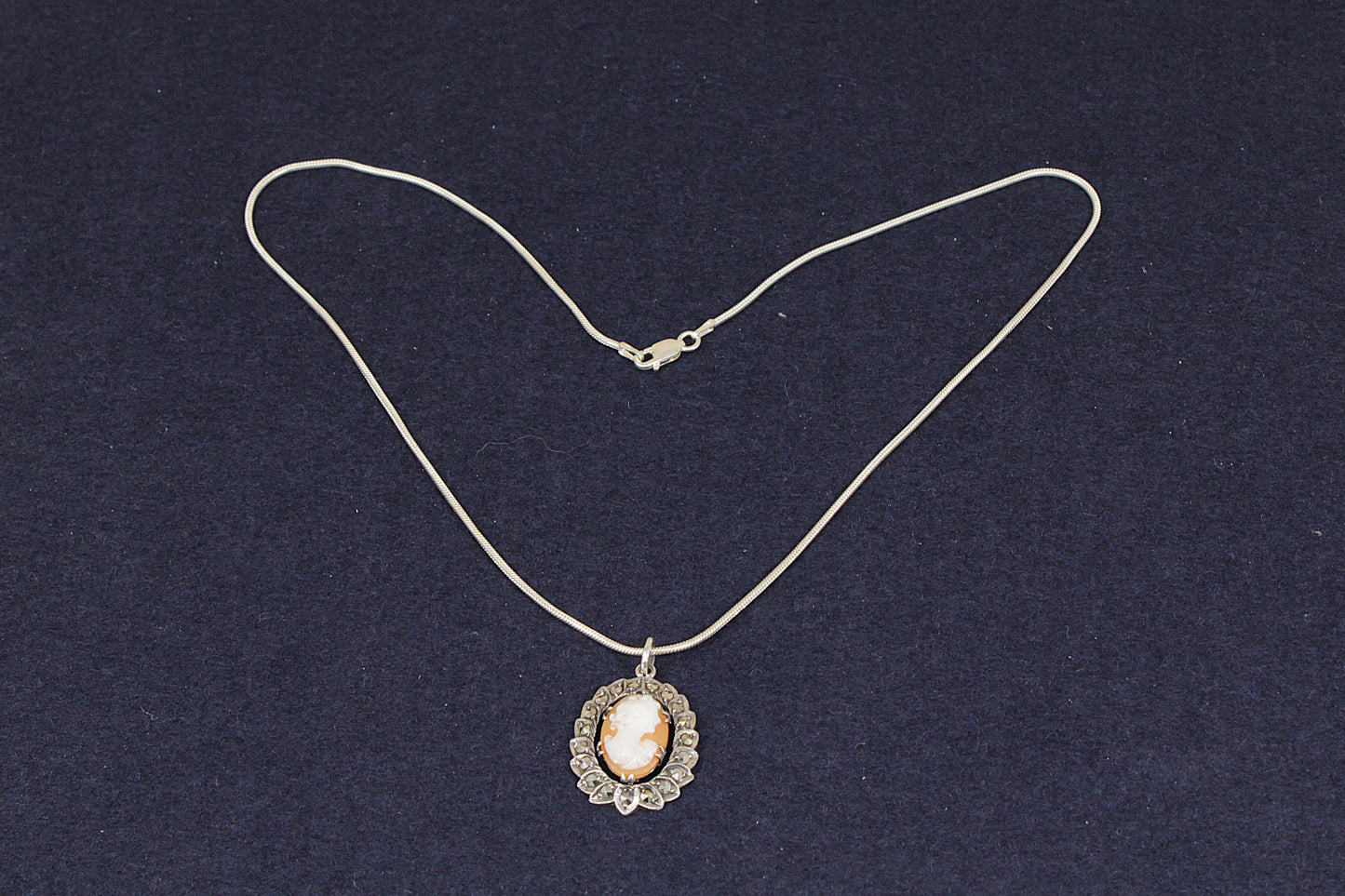 Art Deco Silver Cameo & Marcasite Pendant Necklace
