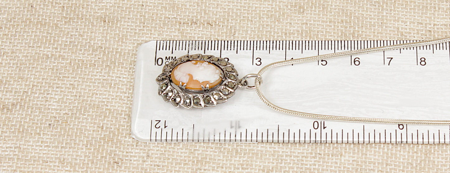 Art Deco Silver Cameo & Marcasite Pendant Necklace