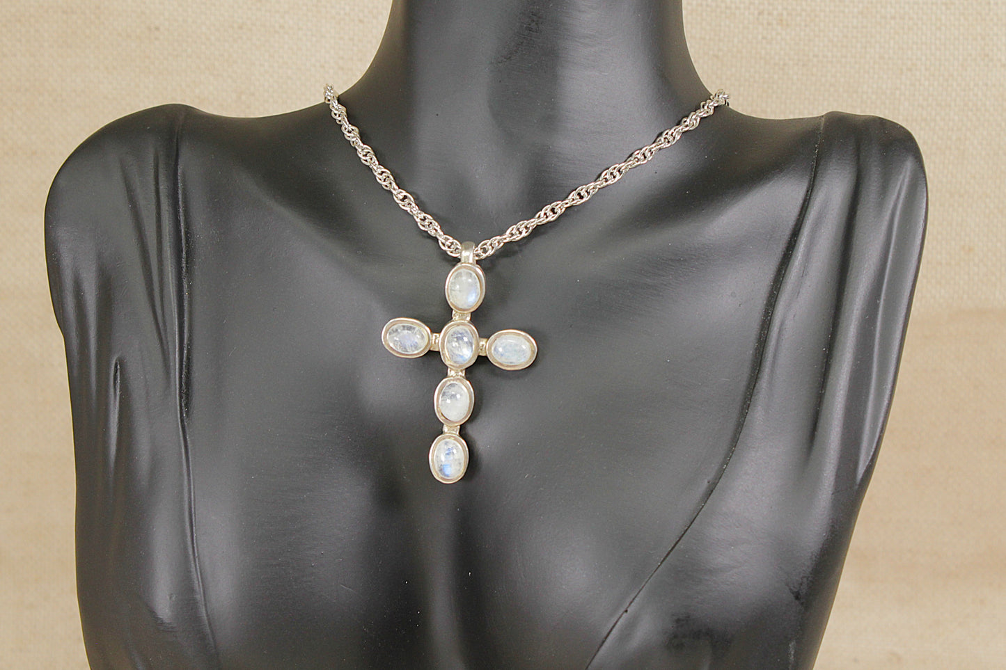 Silver Moonstone Cross Pendant Necklace
