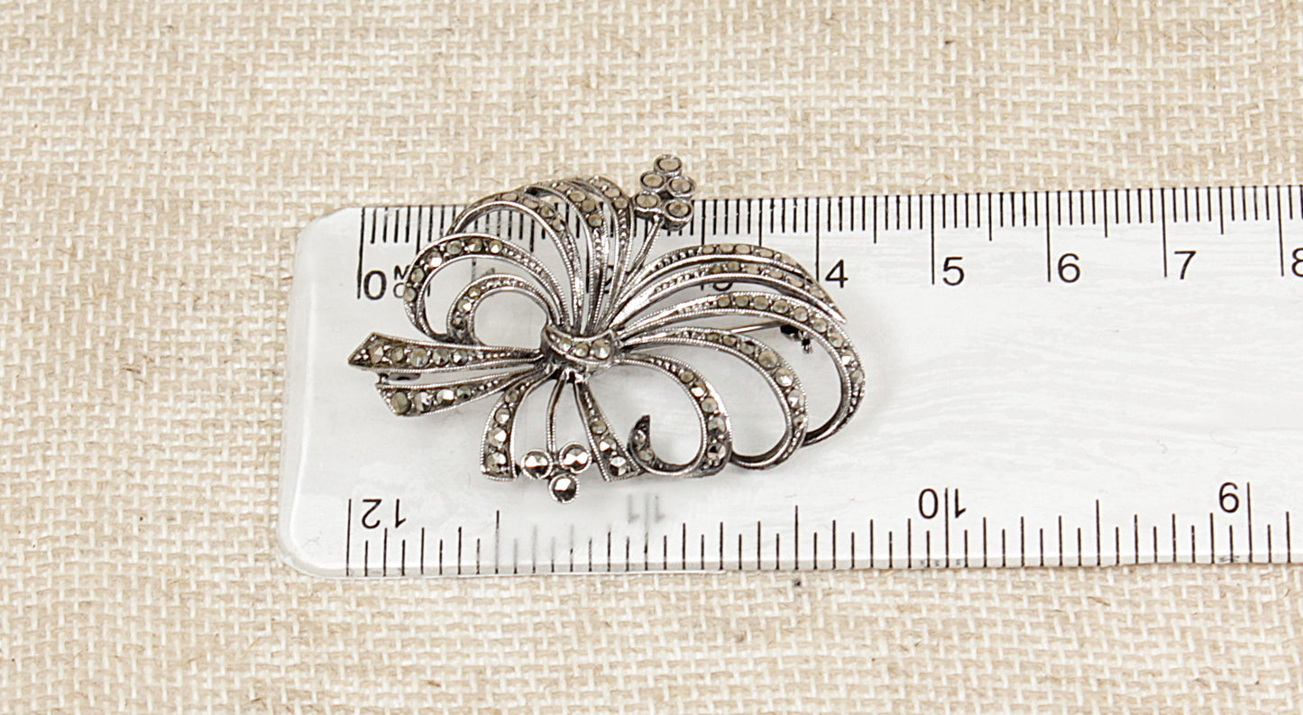 Art Deco Silver & Marcasite Floral Brooch