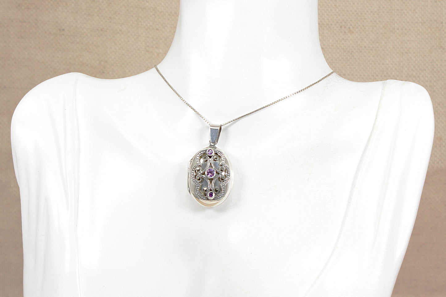 Edwardian Style Silver, Amethyst & Marcasite Locket Necklace