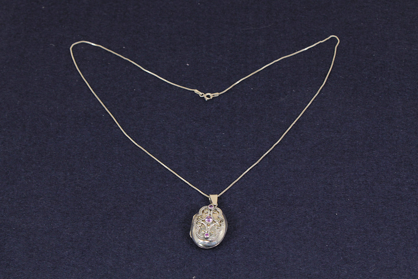 Edwardian Style Silver, Amethyst & Marcasite Locket Necklace