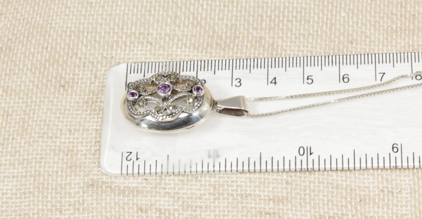 Edwardian Style Silver, Amethyst & Marcasite Locket Necklace