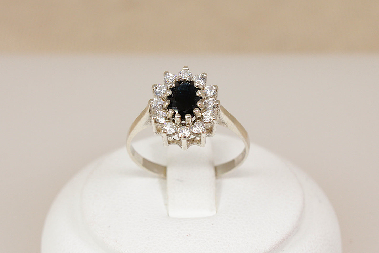 Vintage Silver Sapphire & CZ ‘Diana’ Style Cluster Ring