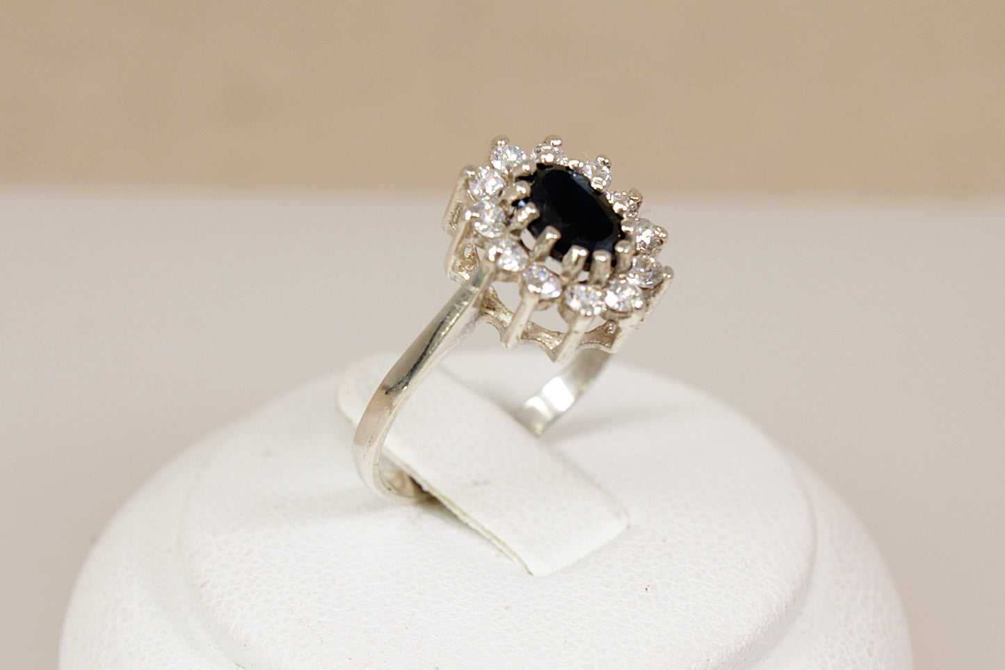 Vintage Silver Sapphire & CZ ‘Diana’ Style Cluster Ring