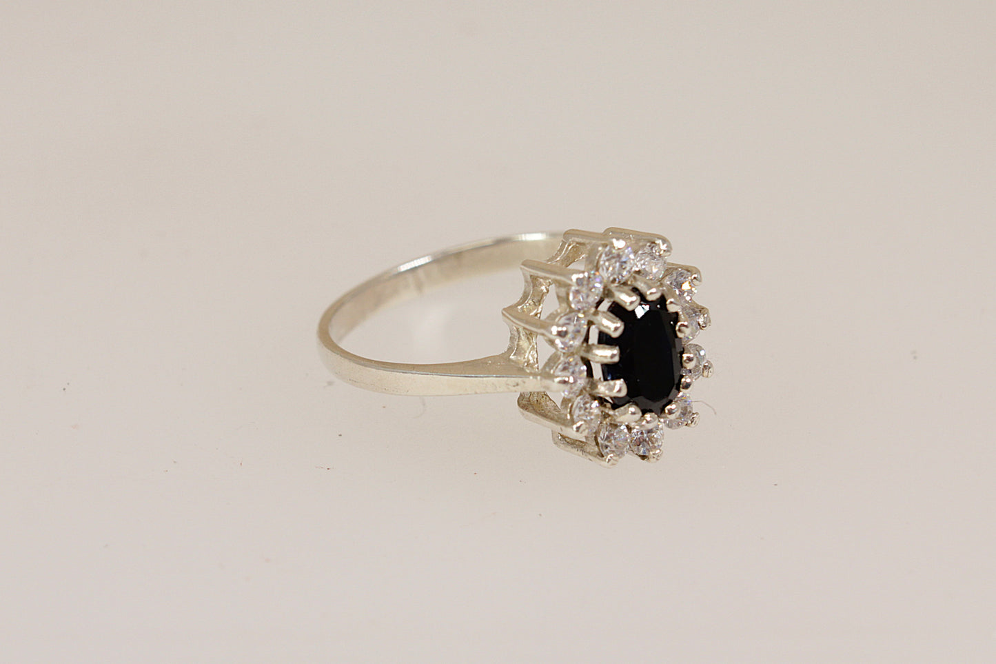 Vintage Silver Sapphire & CZ ‘Diana’ Style Cluster Ring