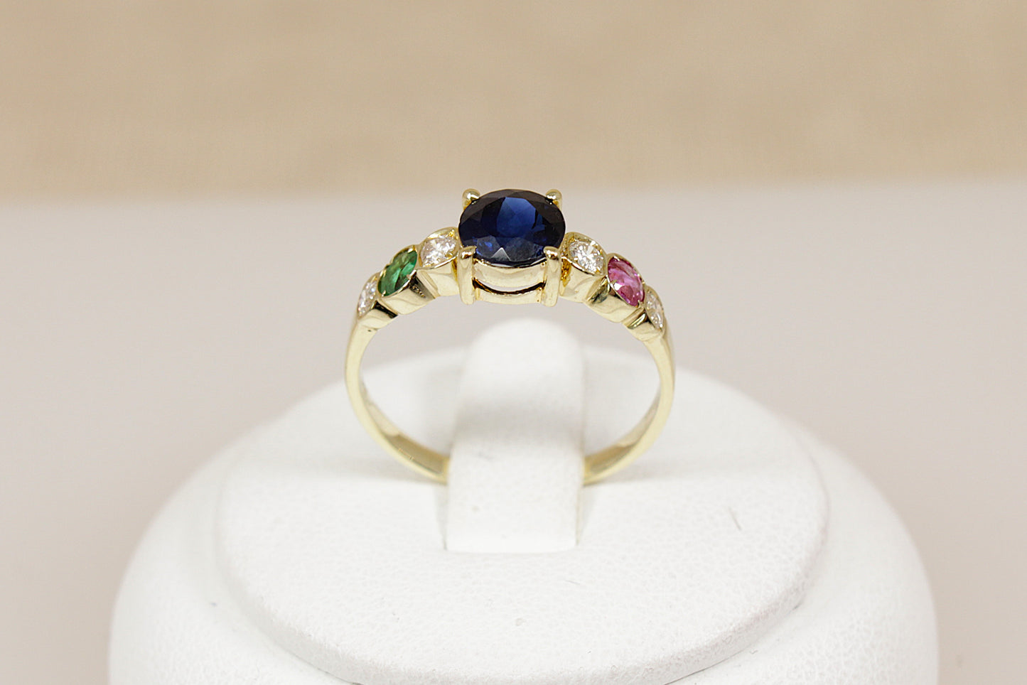14ct Sapphire, Diamond, Ruby & Emerald Ring