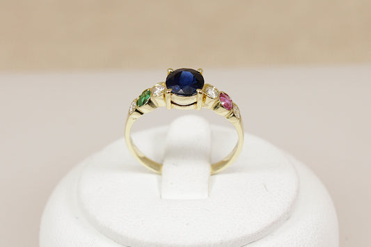 14ct Sapphire, Diamond, Ruby & Emerald Ring