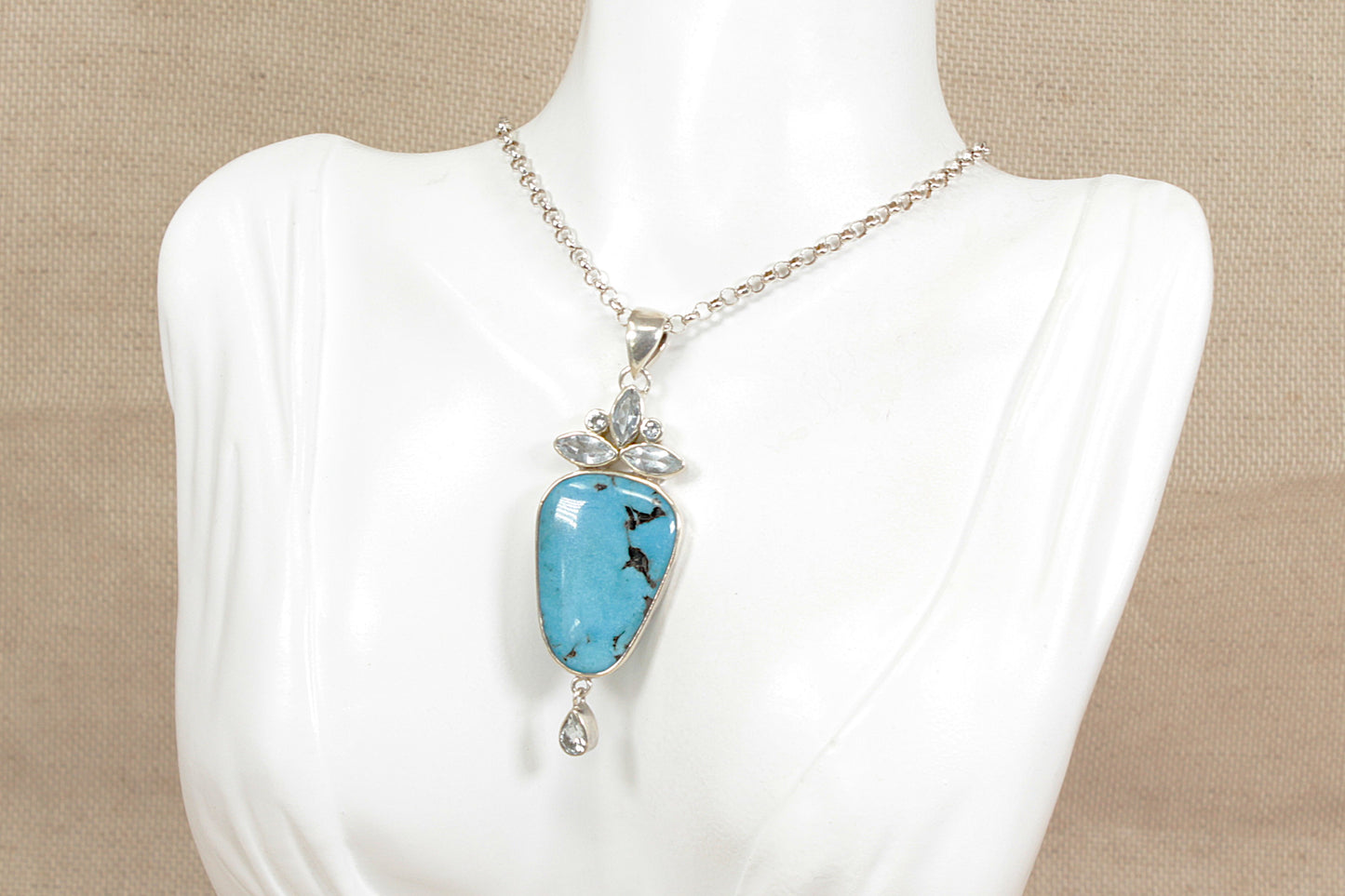 Silver Turquoise & Quartz Pendant Necklace