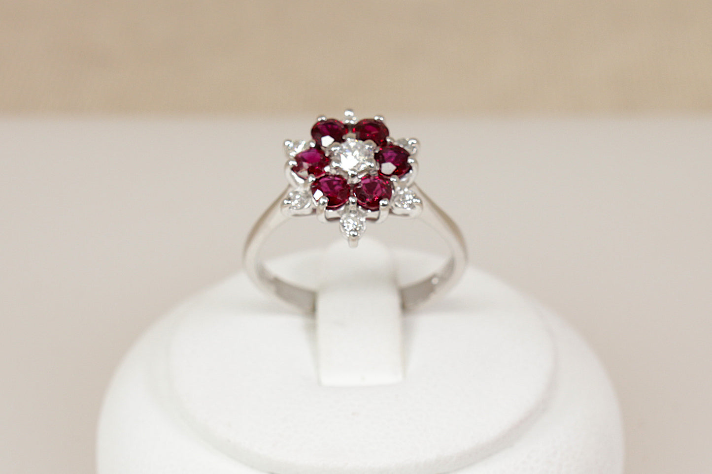 Exceptional Vintage 18ct White Gold Ruby & Diamond Flower Cluster Ring