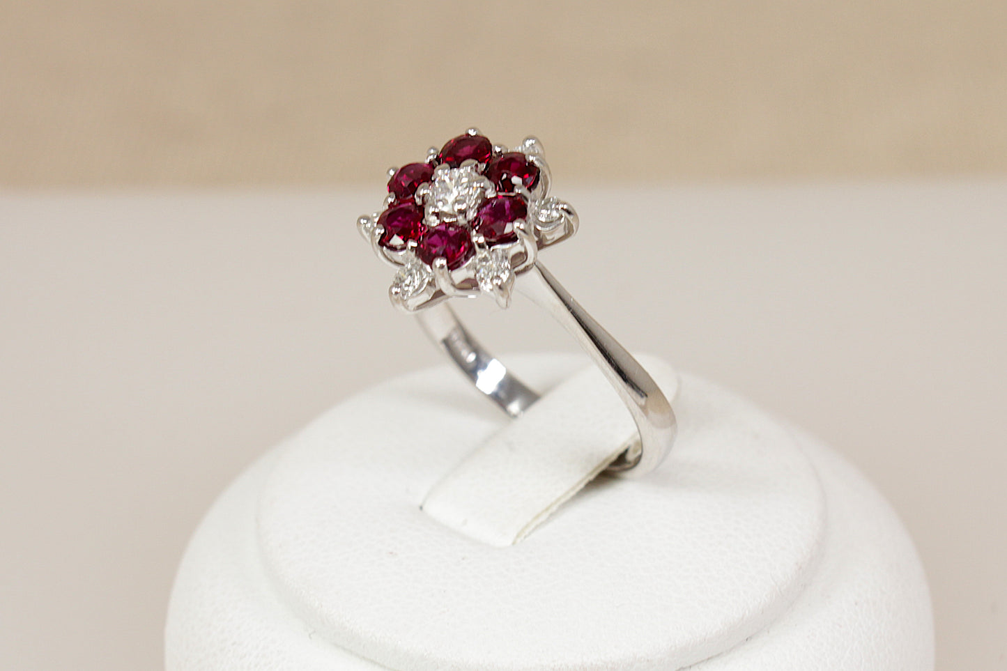 Exceptional Vintage 18ct White Gold Ruby & Diamond Flower Cluster Ring