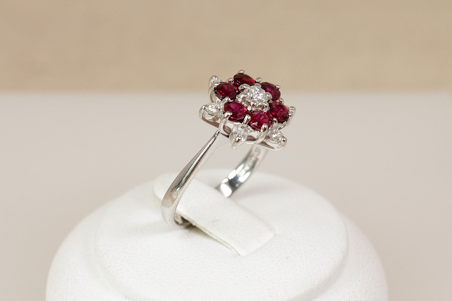 Exceptional Vintage 18ct White Gold Ruby & Diamond Flower Cluster Ring