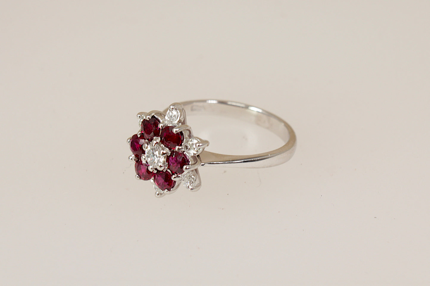 Exceptional Vintage 18ct White Gold Ruby & Diamond Flower Cluster Ring
