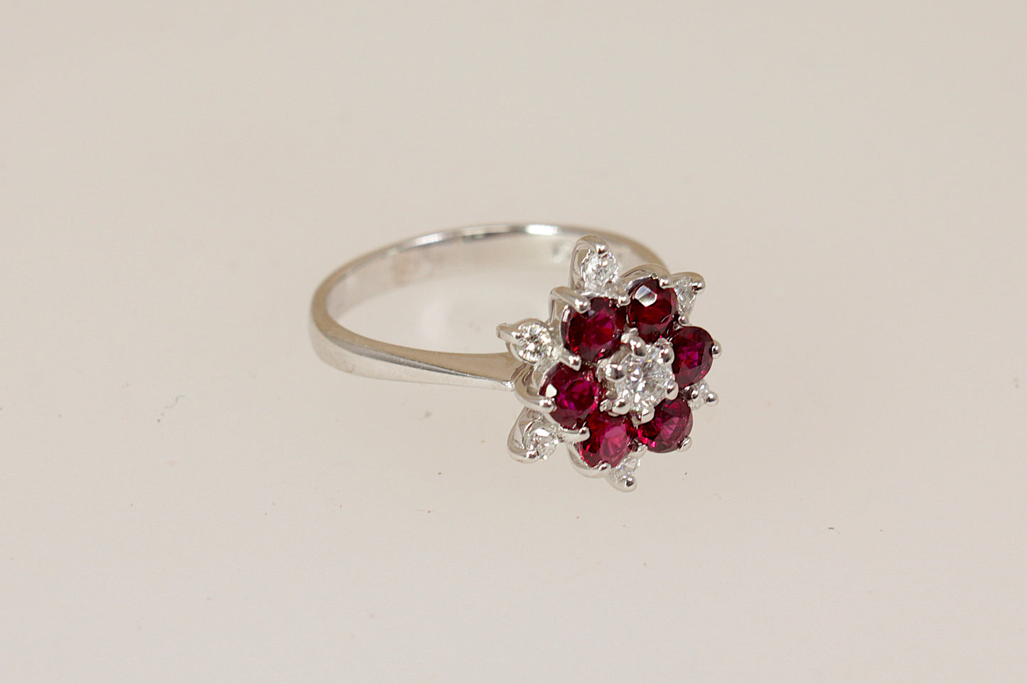Exceptional Vintage 18ct White Gold Ruby & Diamond Flower Cluster Ring