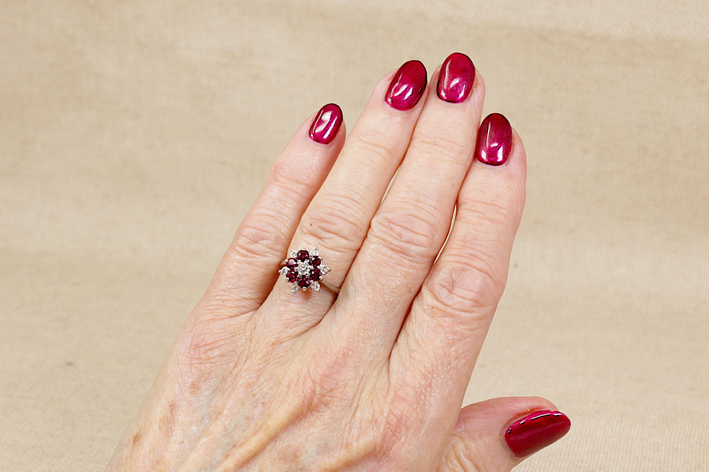 Exceptional Vintage 18ct White Gold Ruby & Diamond Flower Cluster Ring