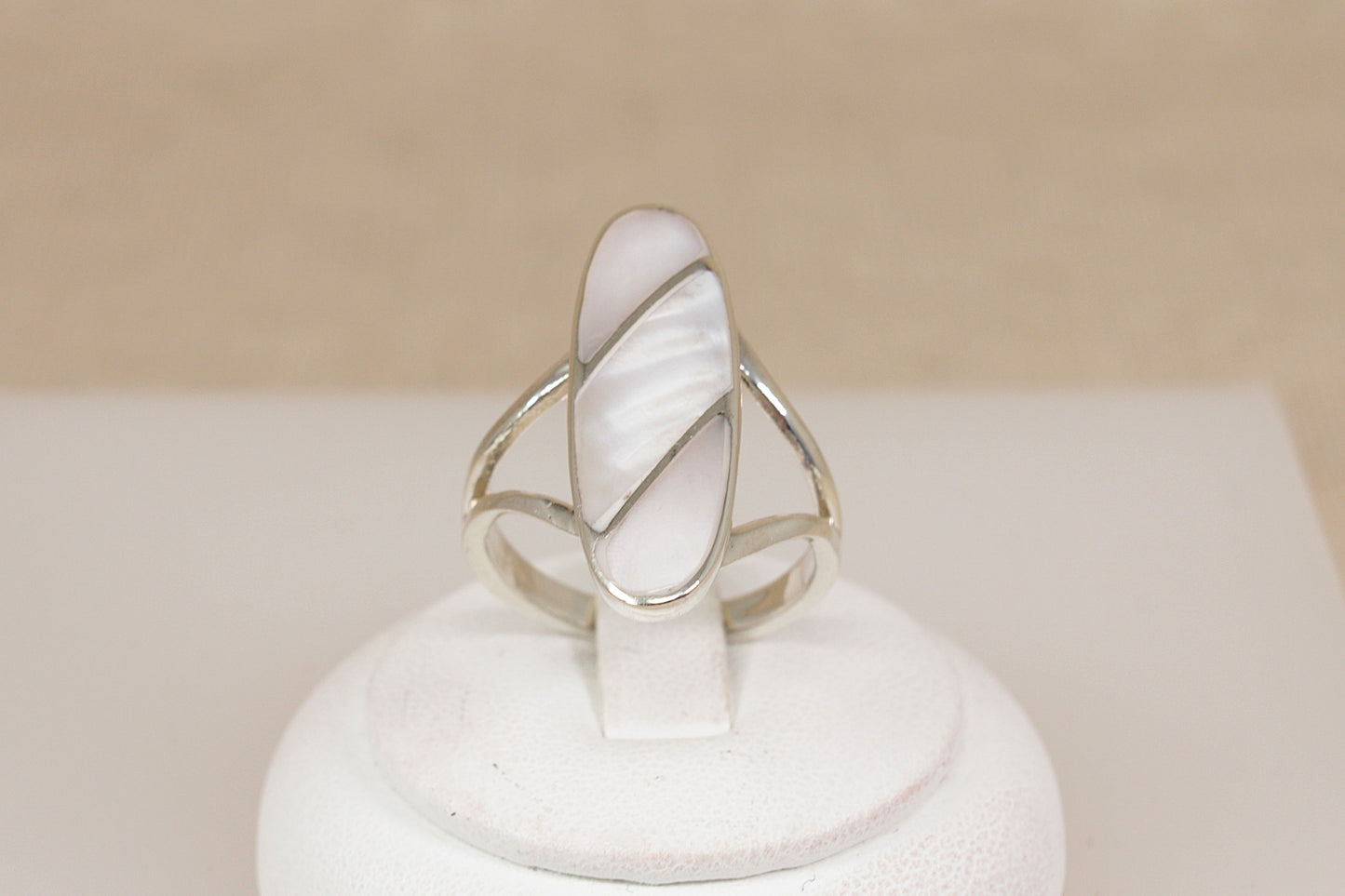 Distinctive Silver & Mother of Pearl Elongated Ring